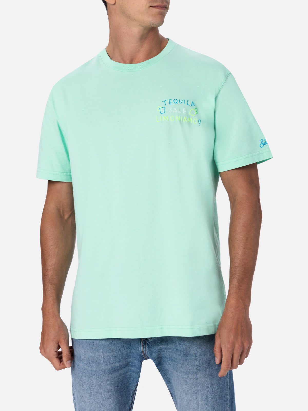 Shop Mc2 Saint Barth Man Classic Fit Cotton Jersey T-shirt Portofino With Tequila, Sale, Limoniamo Embroidery Insulti Lum In Apple Green