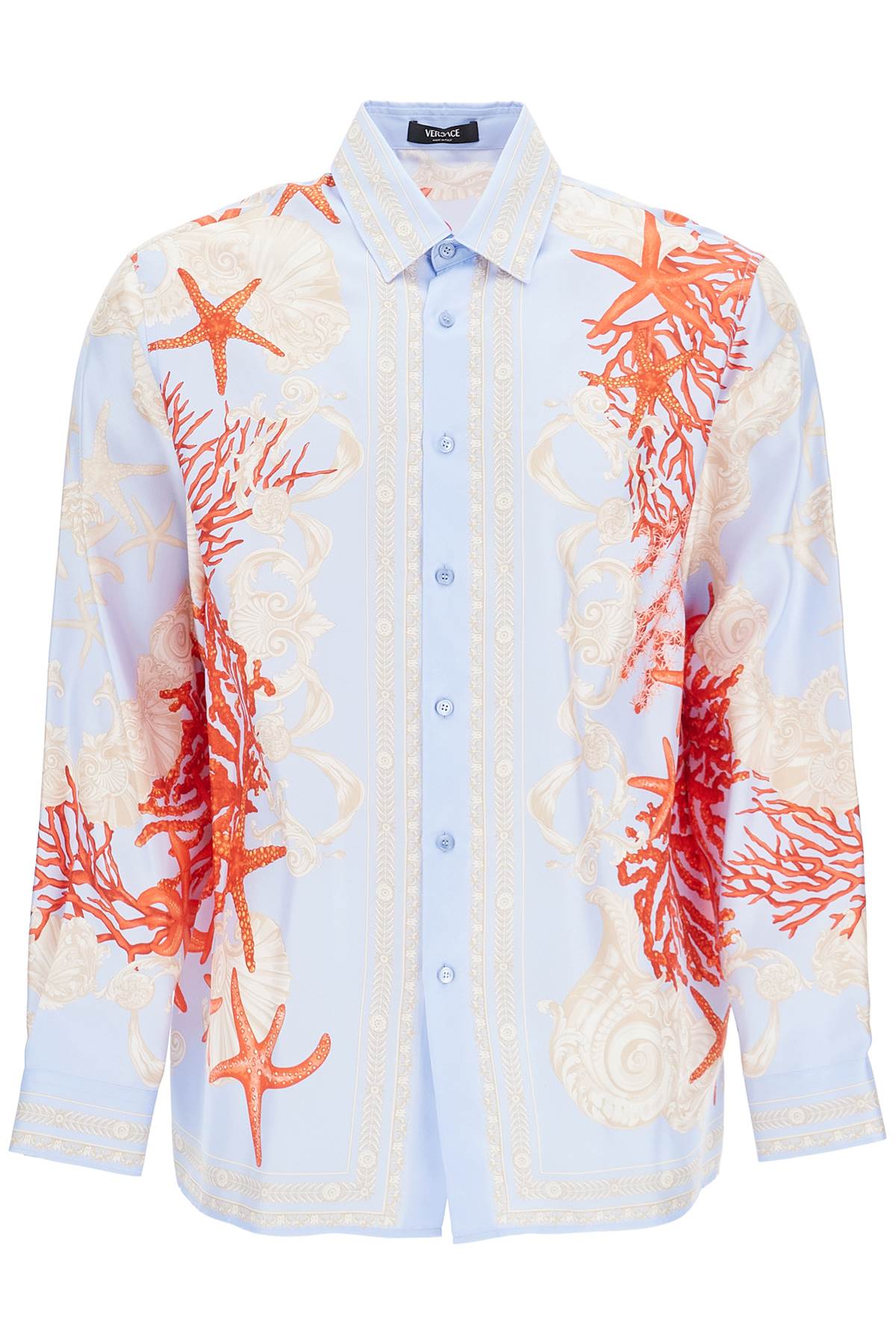 Shop Versace Barocco Sea Silk Shirt In Blue Hydrangea+coral+bone (light Blue)