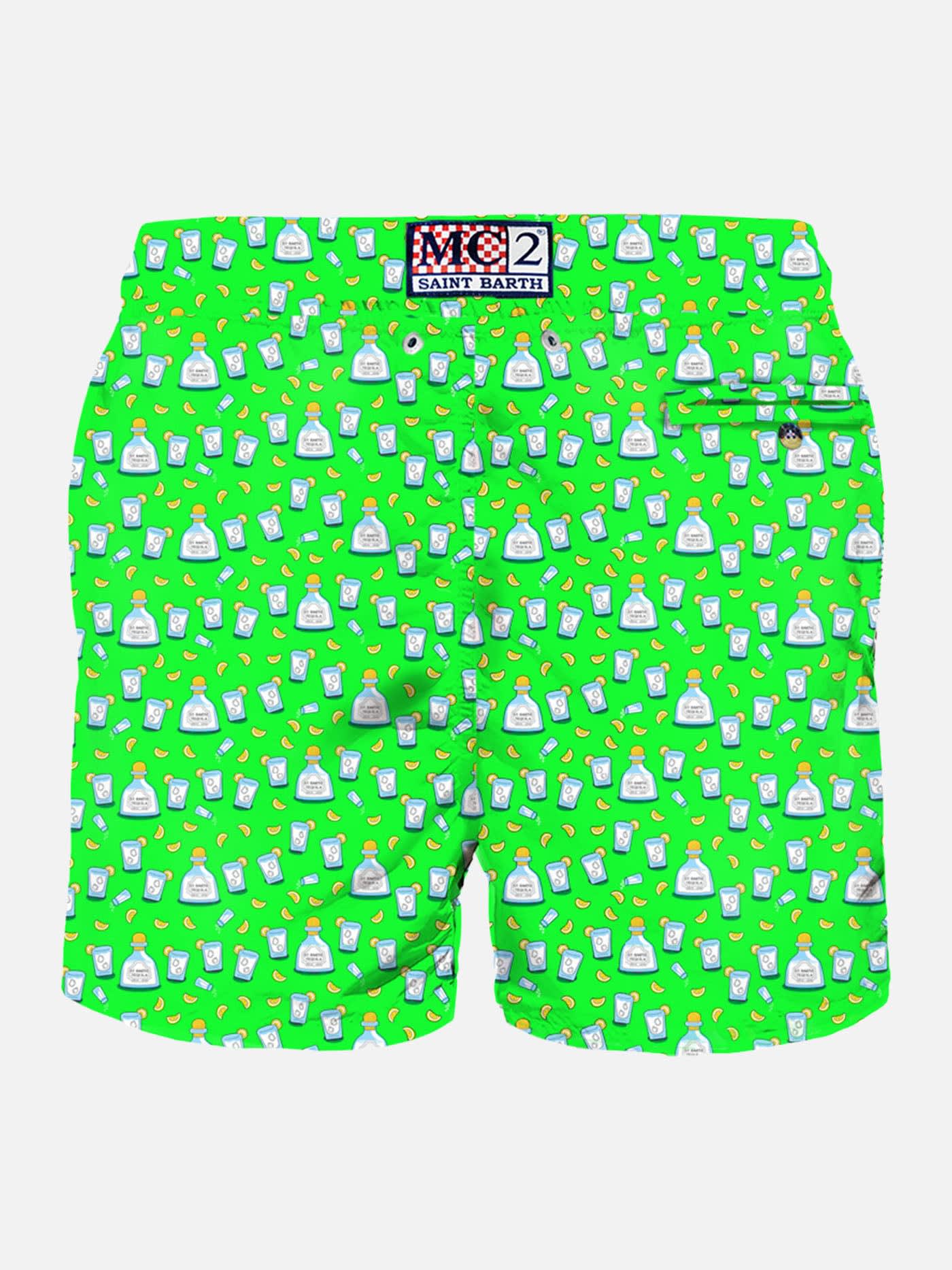 Mc2 Saint Barth Man Light Fabric Swim Shorts With Tequila Print In Fluo