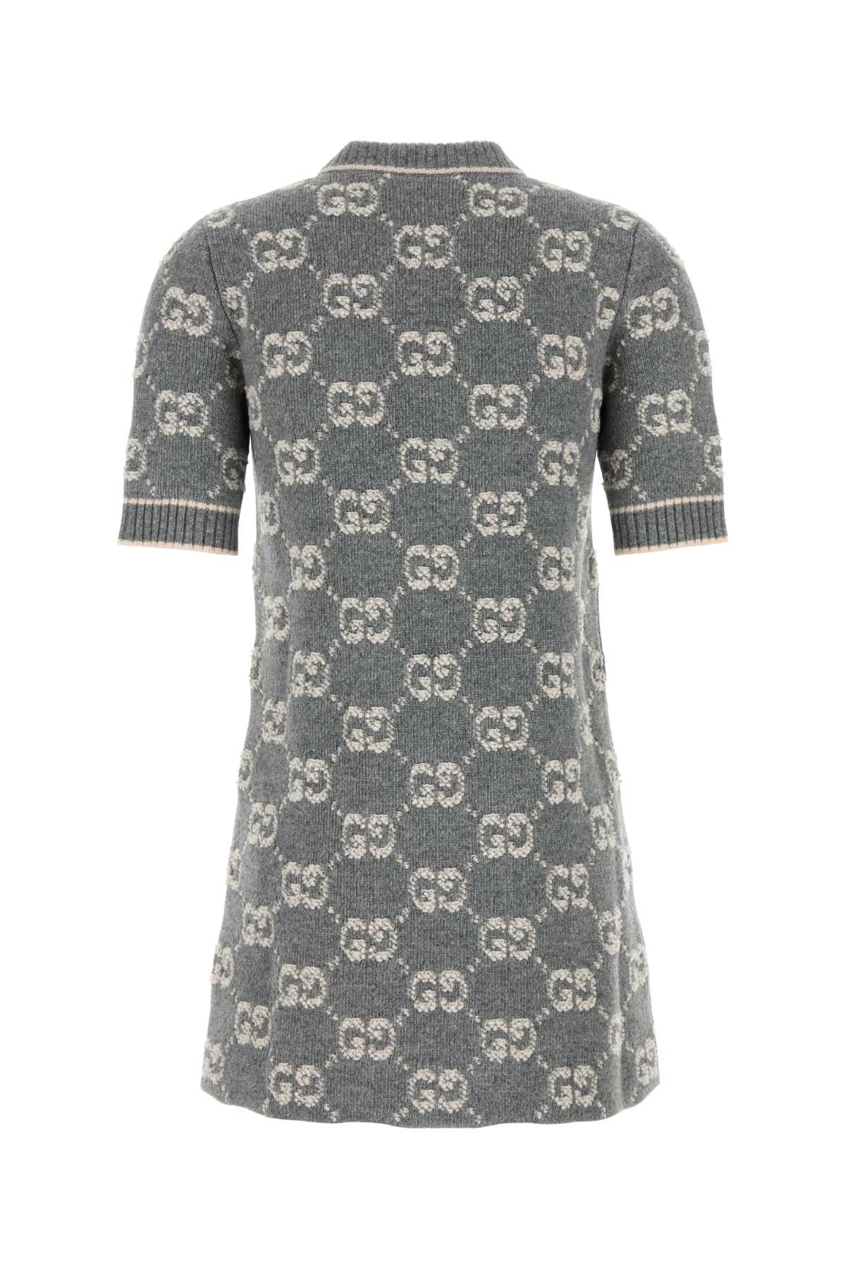 Shop Gucci Embroidered Wool Mini Dress In Greyivory