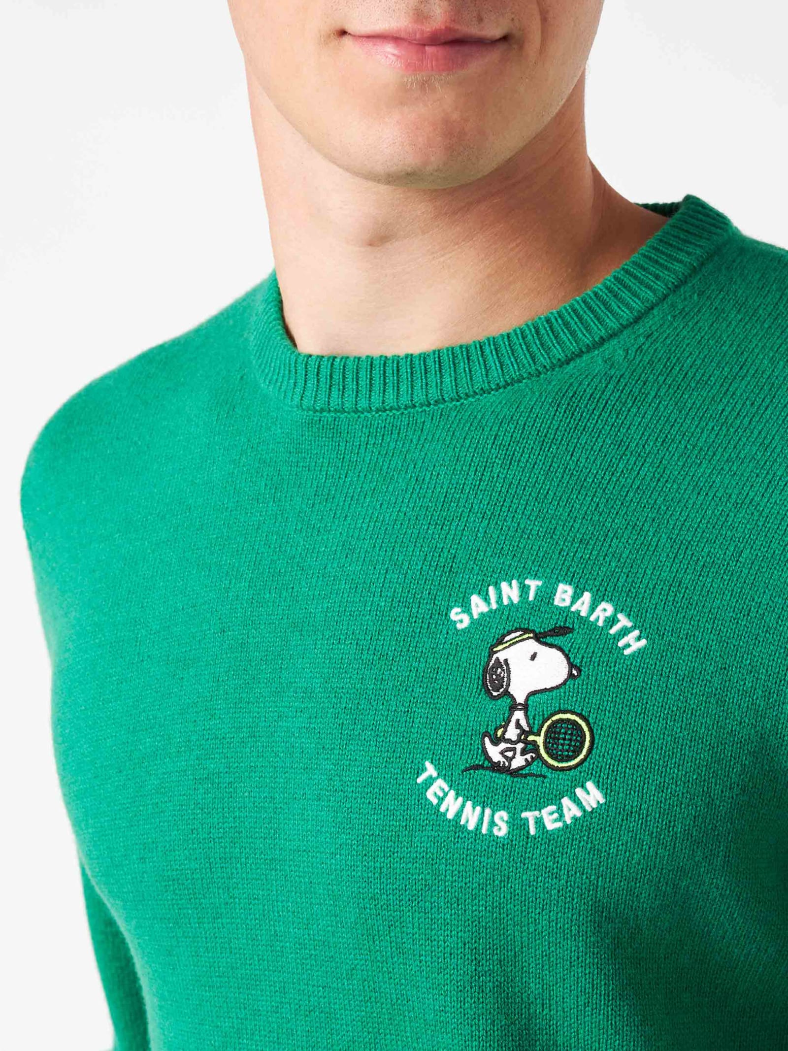 Mc2 Saint Barth Man Crewneck Sweater With Snoopy Tennis Jacquard Snoopy - ©peanuts Special Edition In Green