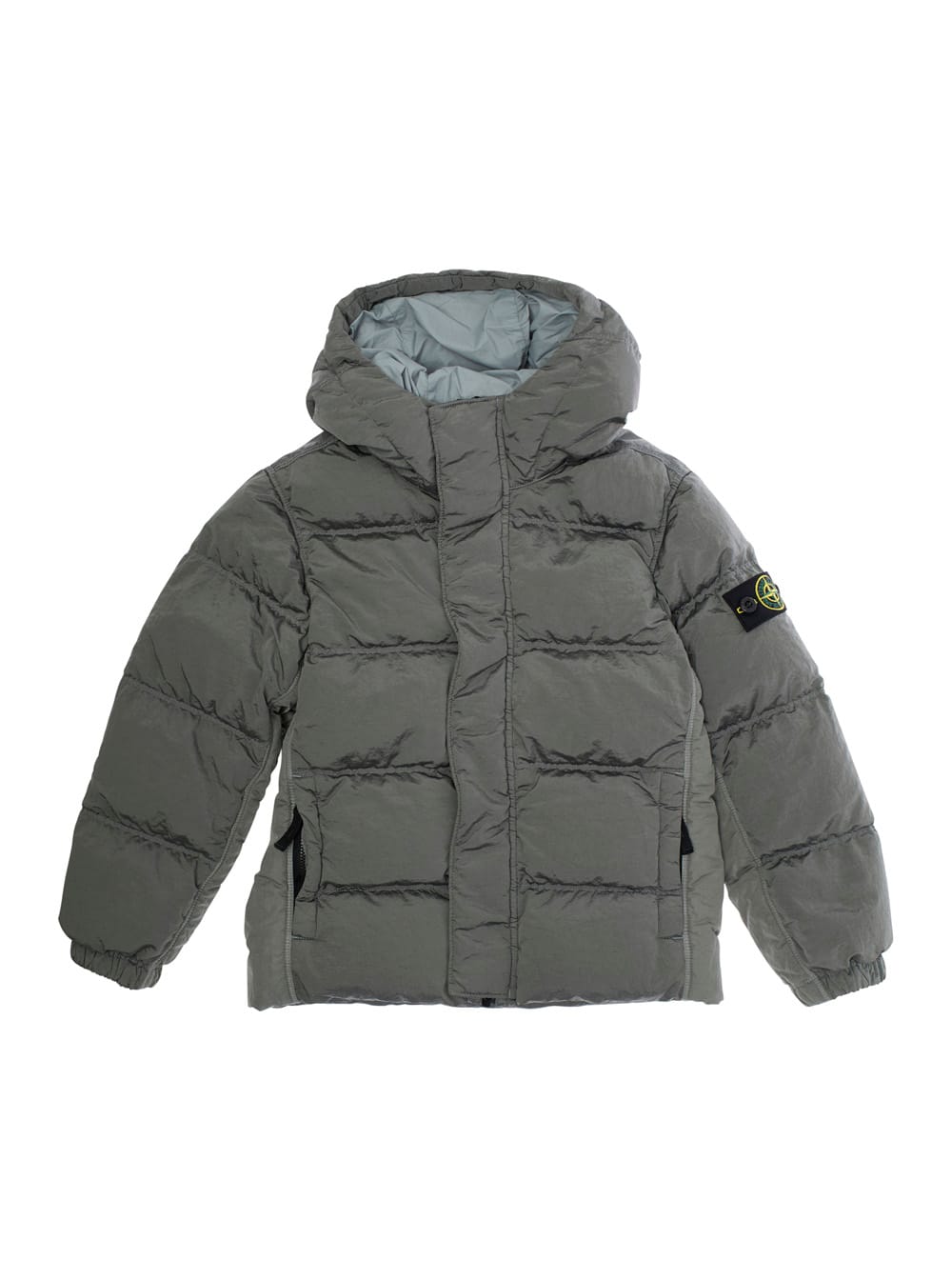 Stone Island Grey Down Jacket With Fixed Hood And Logo Patch On The Sleeve In Tech Fabric Boy In Gray