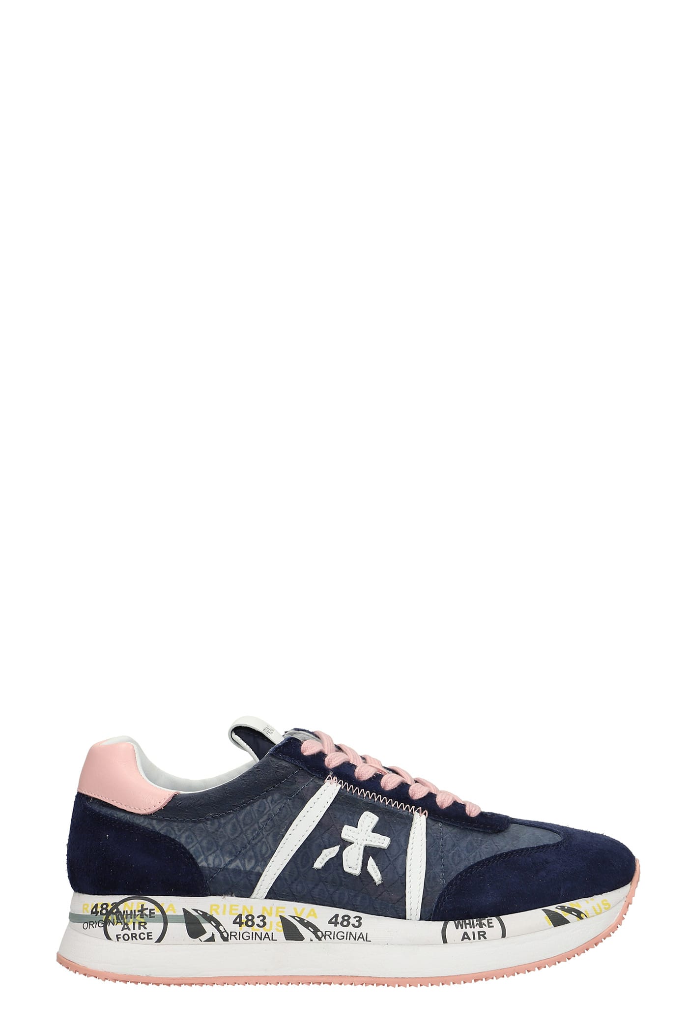 Premiata Conny Sneakers In Blue Suede And Fabric
