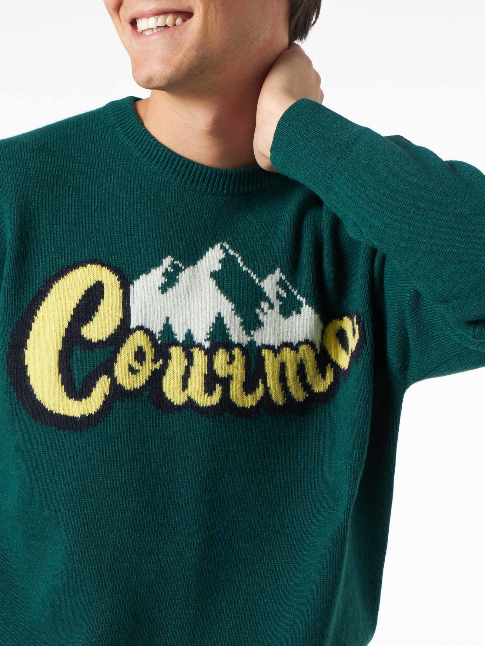 Shop Mc2 Saint Barth Man Crewneck Sweater With Courma Mountains Jacquard In Green