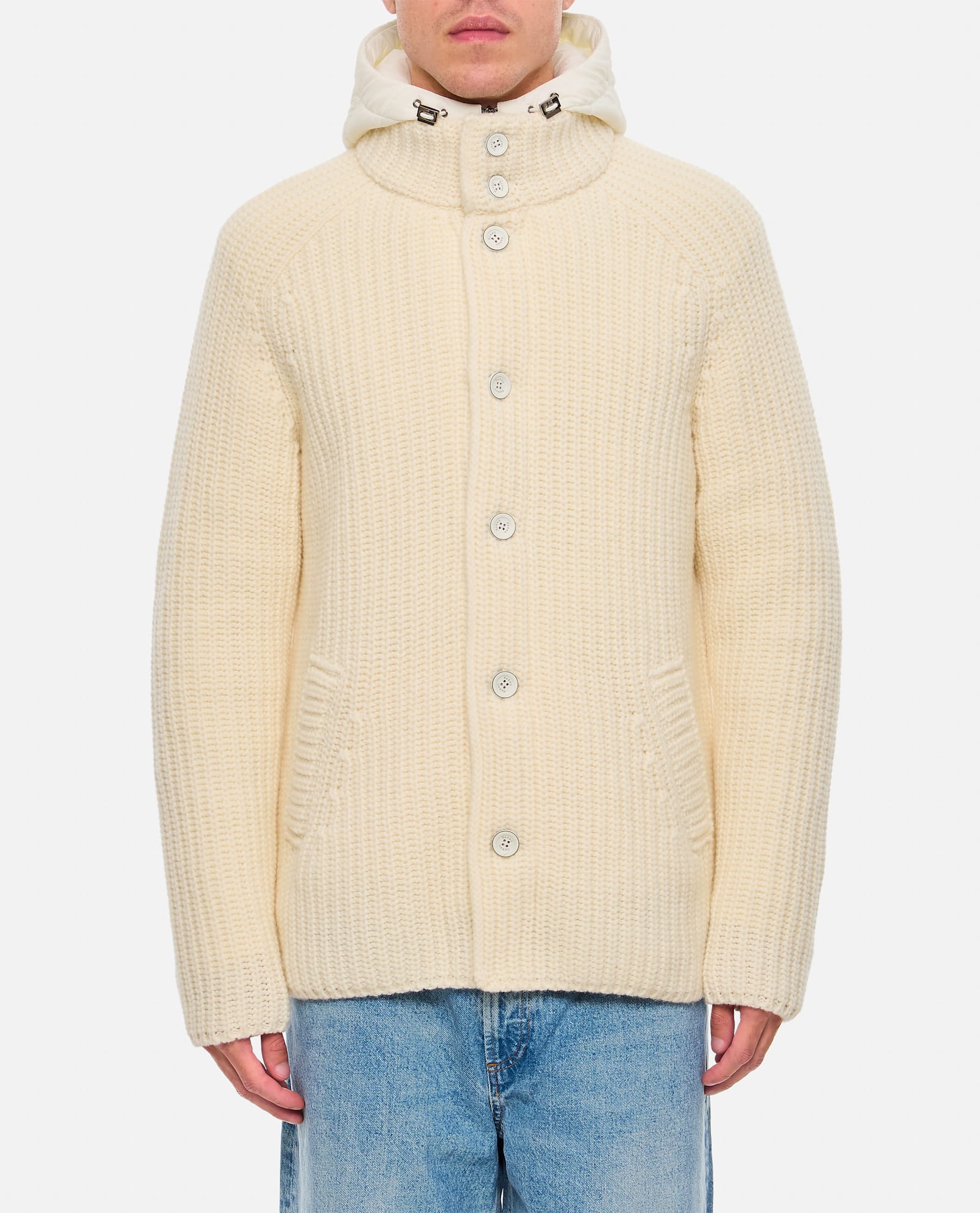 Shop Herno Knitted Bomber Jacket In White