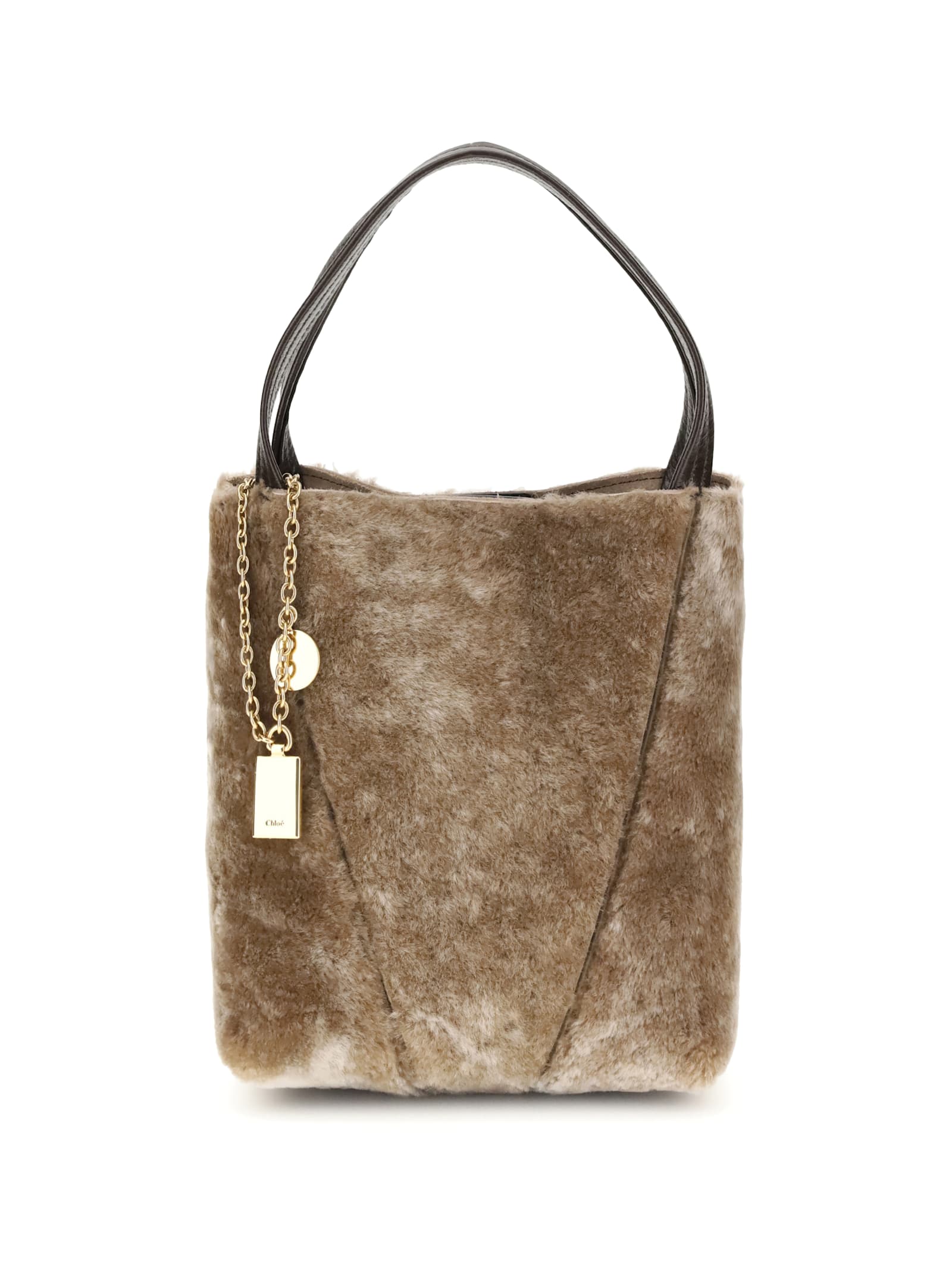 Chloé Shearling Small Spin Tote Bag In Brown