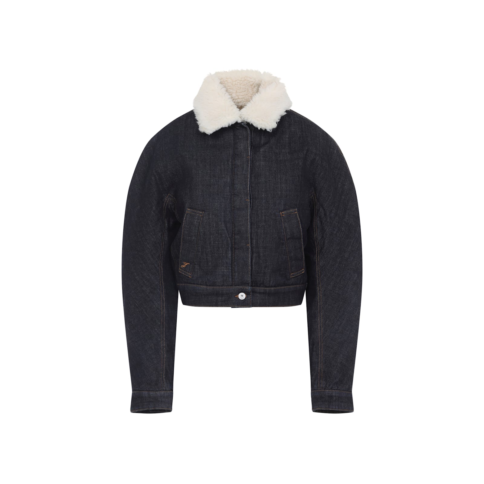 Jacquemus Le Bomber De-nimes Ovalo Blue Jacket With Fur Collar And Two Front Welt Pockets In Denim Woman In Blue