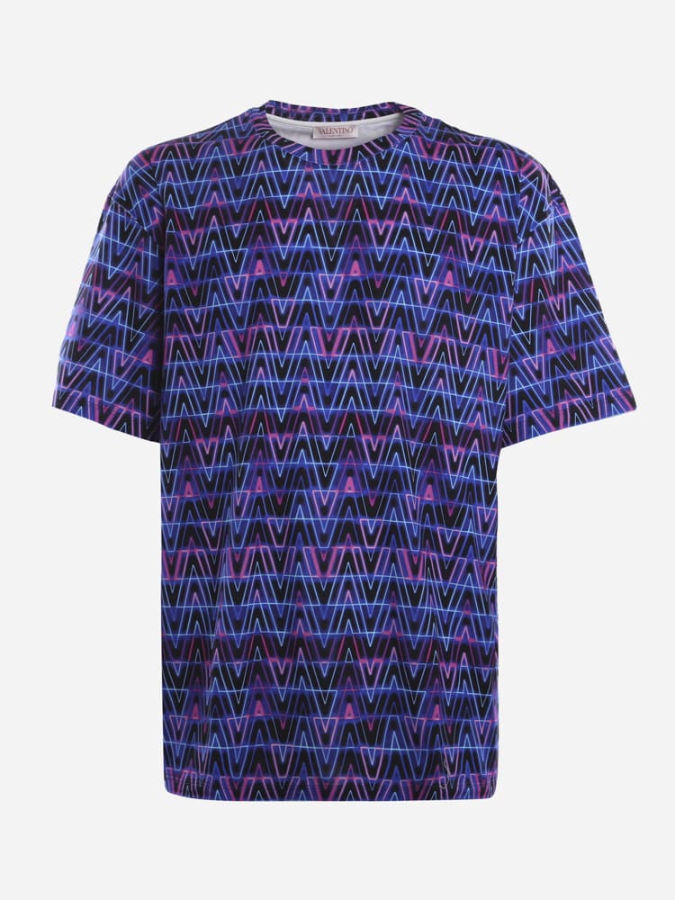 Valentino Cotton T-shirt With All-over Optical Neon V Print