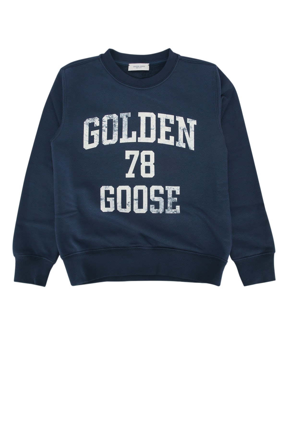 Golden Goose Blue Crewneck Sweatshirt With Maxi Vintage Logo Lettering Print On The Front In Cotton Blend Boy In Totaleclipse