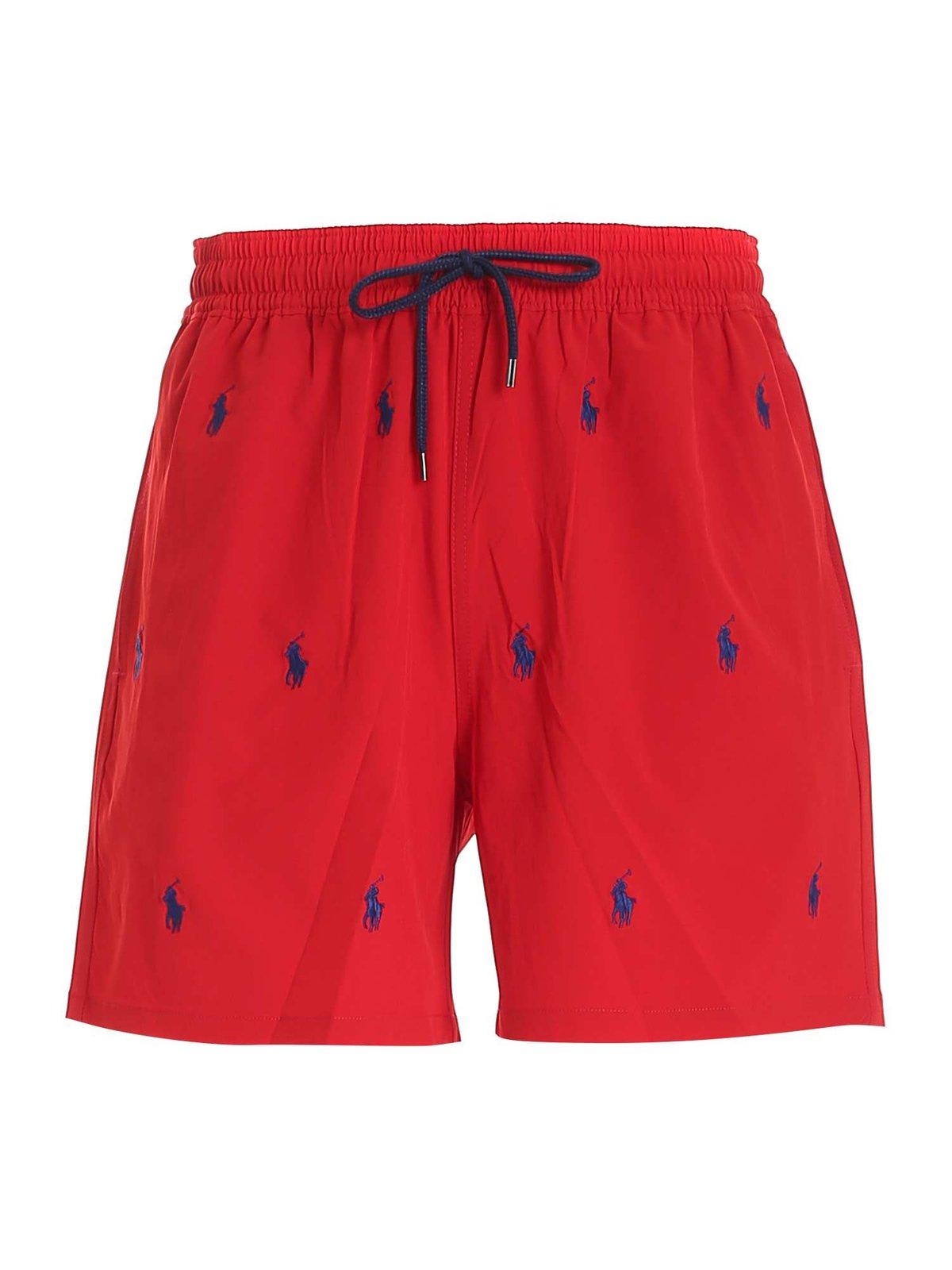 Shop Polo Ralph Lauren All-over Logo Embroidered Swim Shorts In Red