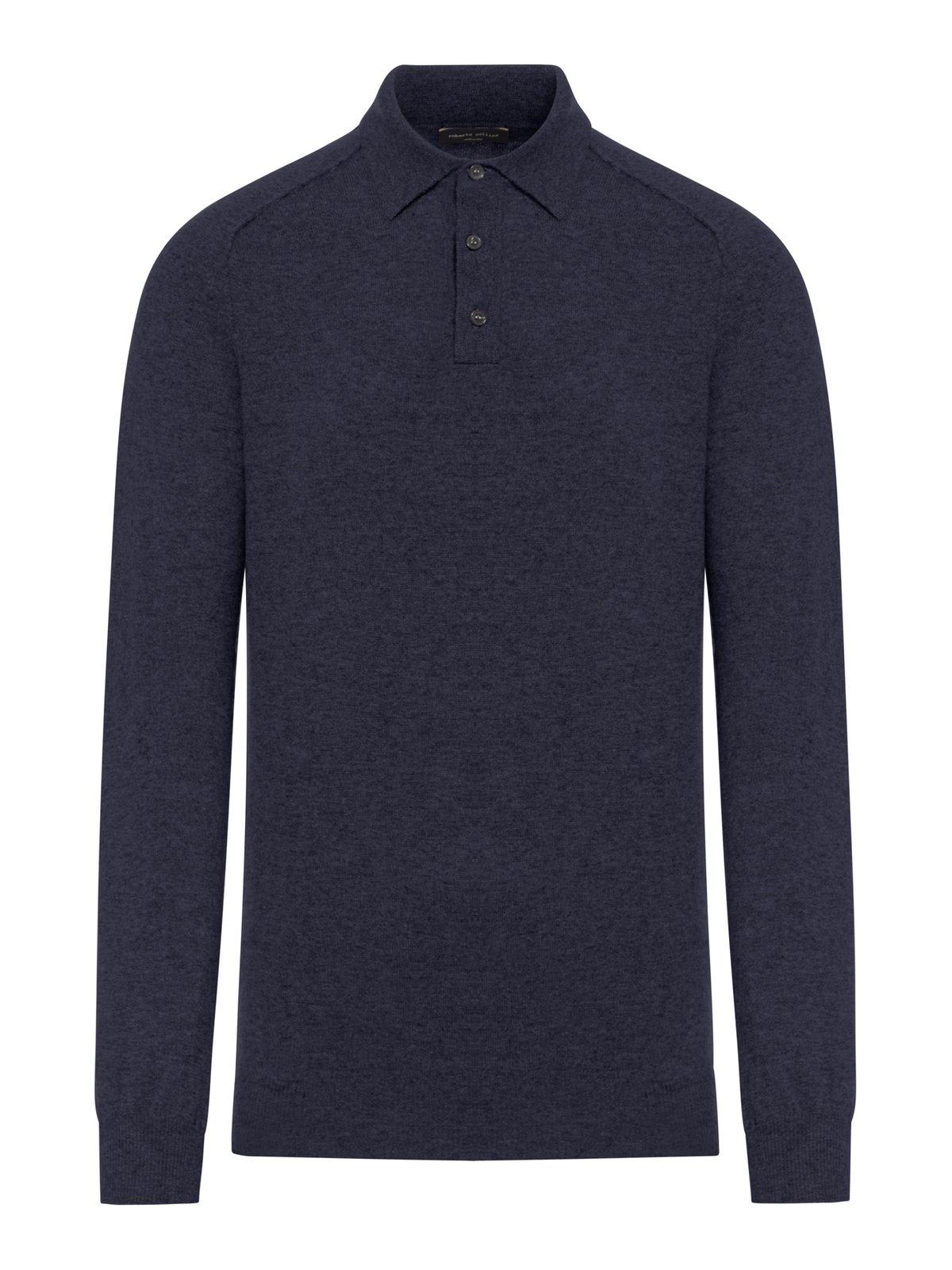 Shop Roberto Collina Long-sleeved Knitted Polo Shirt In Navy Grey