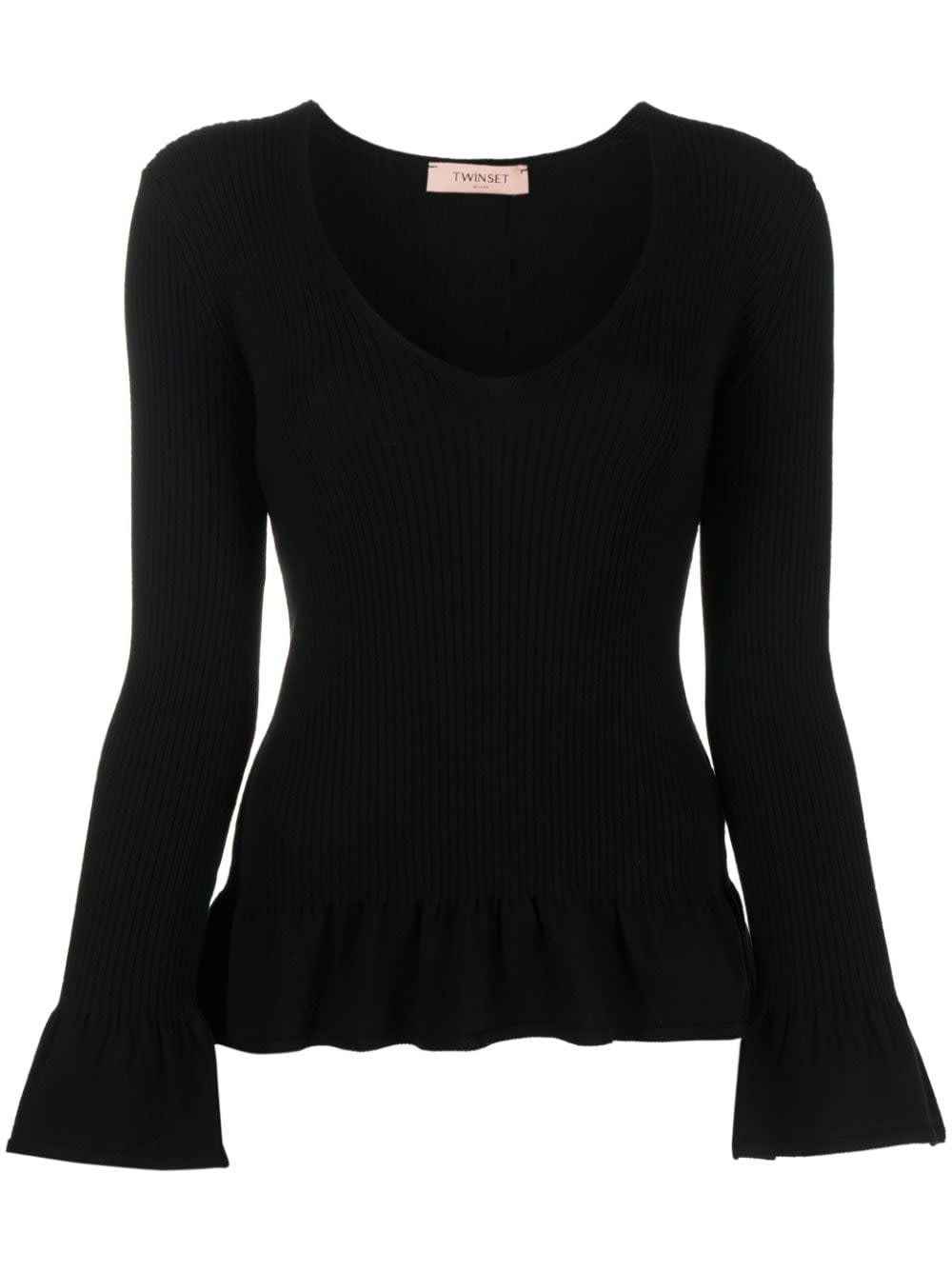 TWINSET LONG SLEEVES RIBBED SWEATER WITH FLOUNCE
