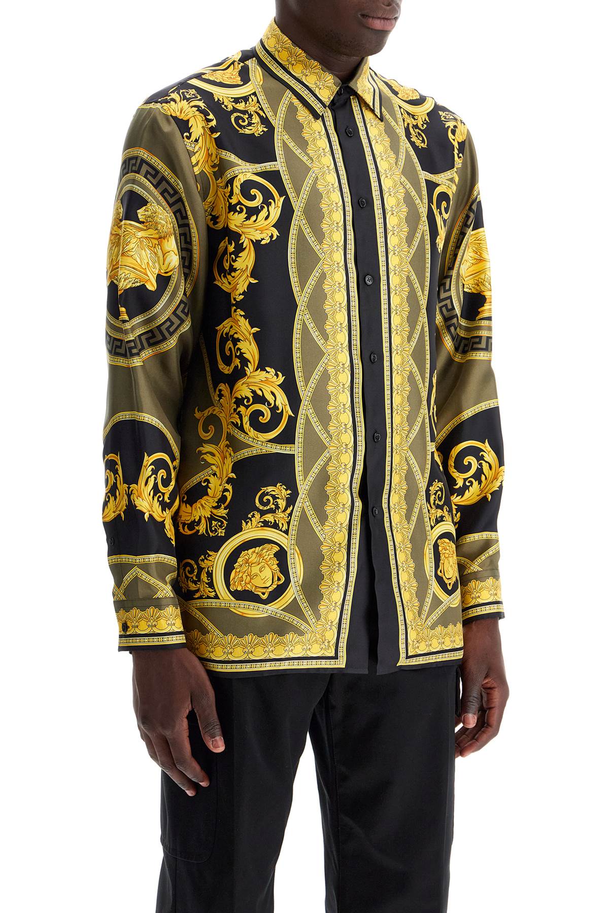 Shop Versace Barocco Silk Shirt In Black+dark Olive+gold (yellow)