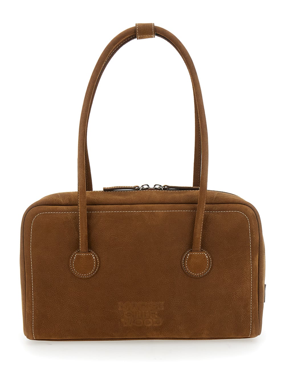 boston Beige Shoulder Bag With Embossed Logo Lettering On The Front In Leather Woman