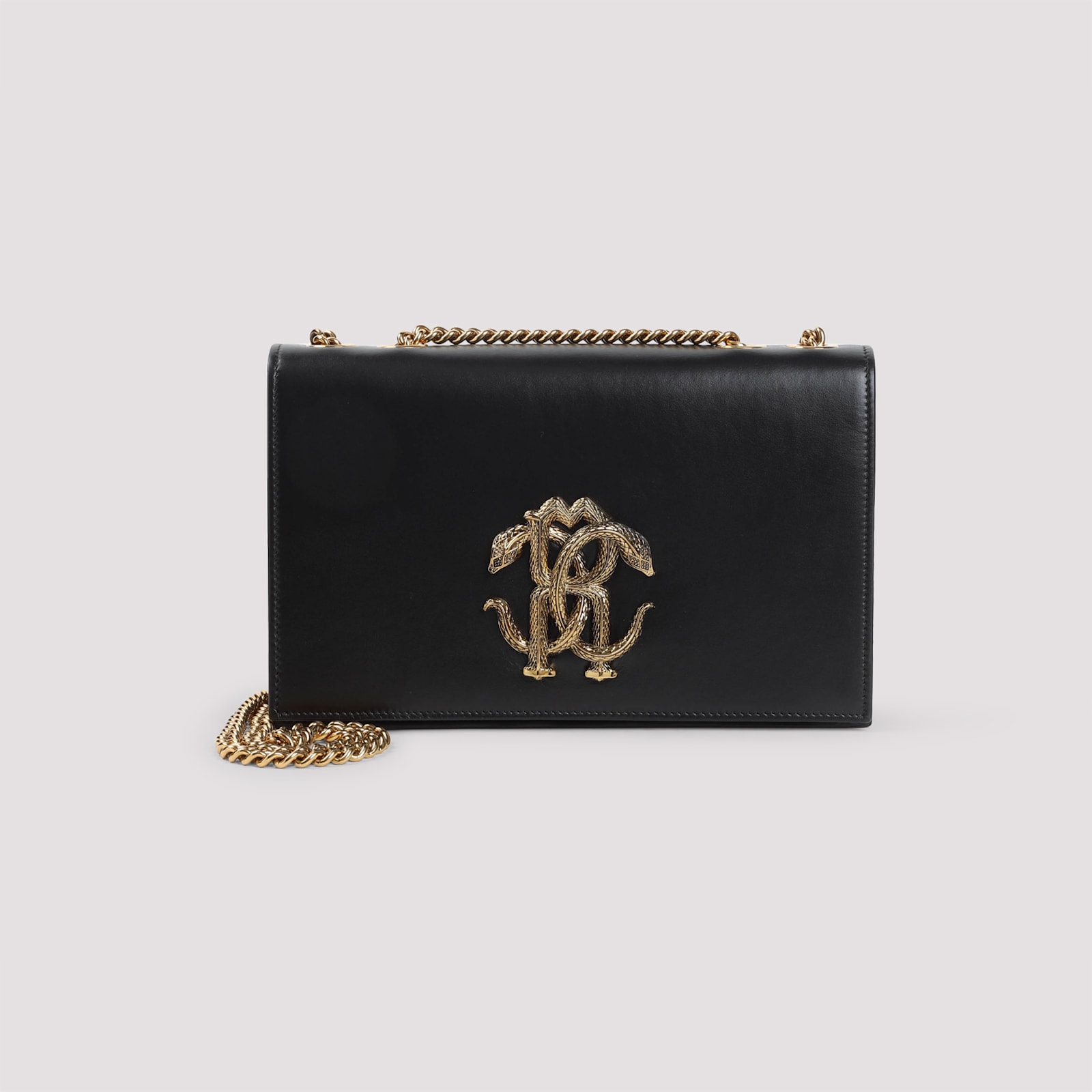 Roberto Cavalli Black Leather Shoulder Bag With Gold Emblem In Black