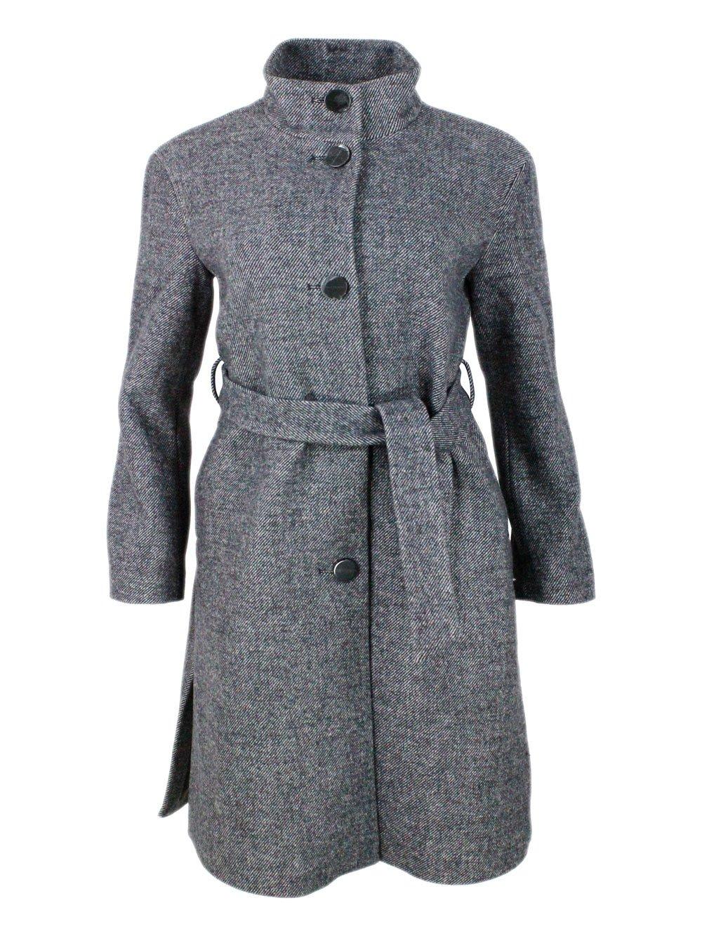 High-neck Tied-waist Buttoned Coat