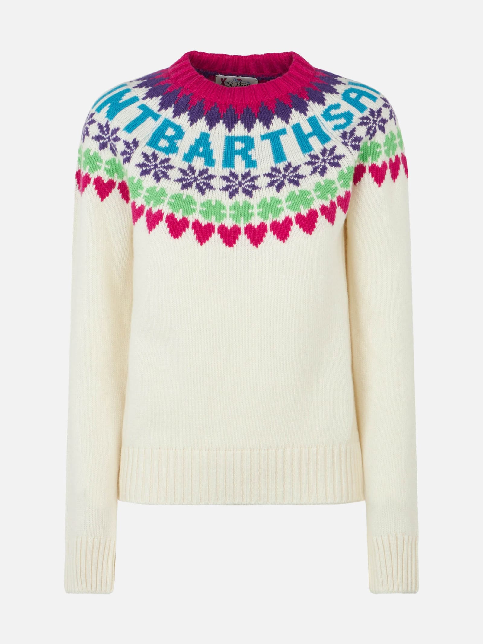 Shop Mc2 Saint Barth Woman Crewneck White Sweater With Fair Isle Heart Print