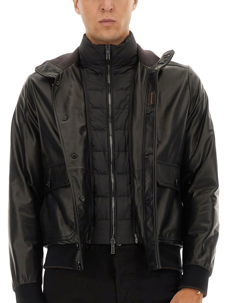 Moorer Leather Bomber Jacket In Black