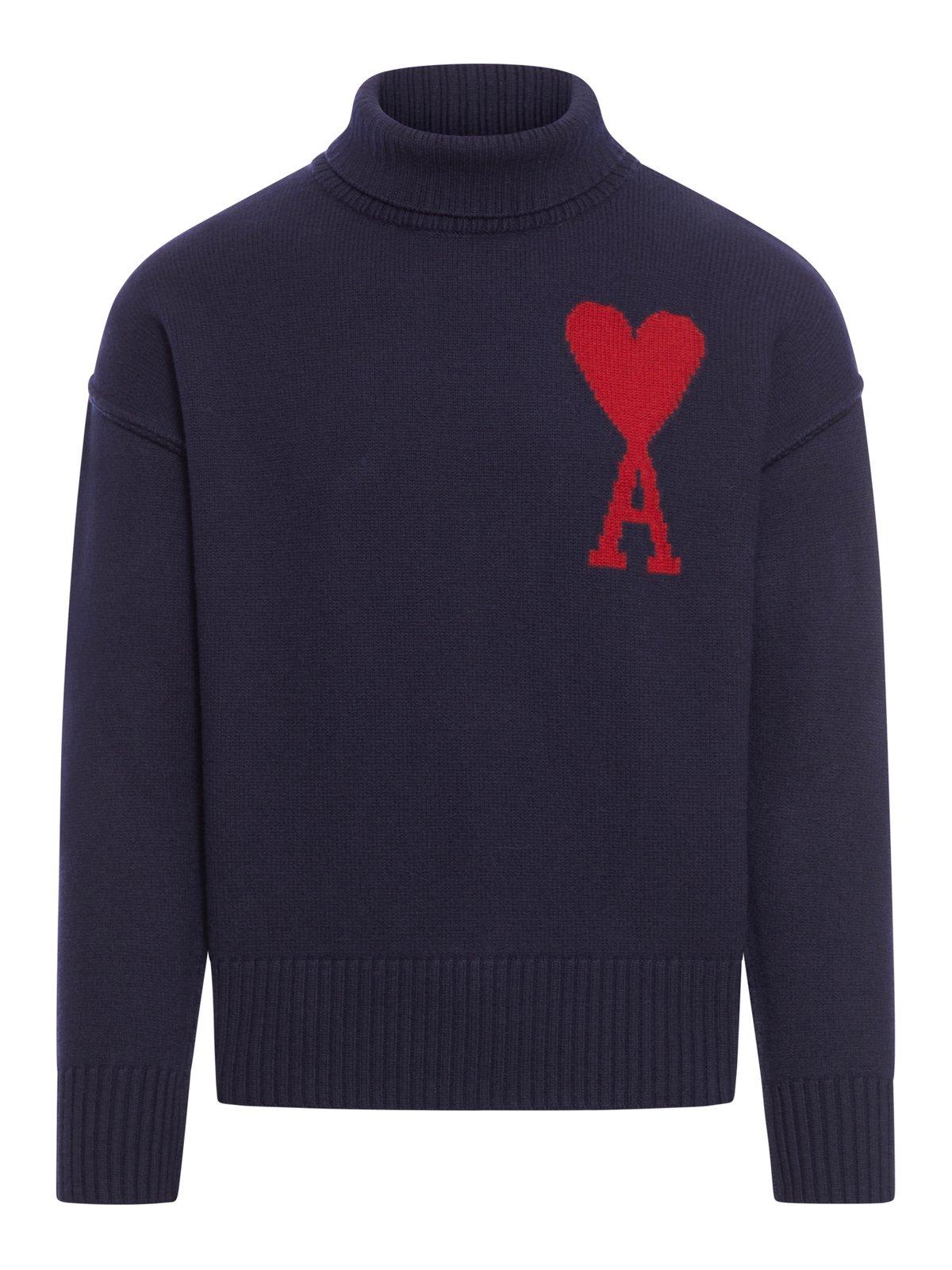 Shop Ami Alexandre Mattiussi Paris Ami De Coeur Logo Intarsia Knitted Jumper In Blue