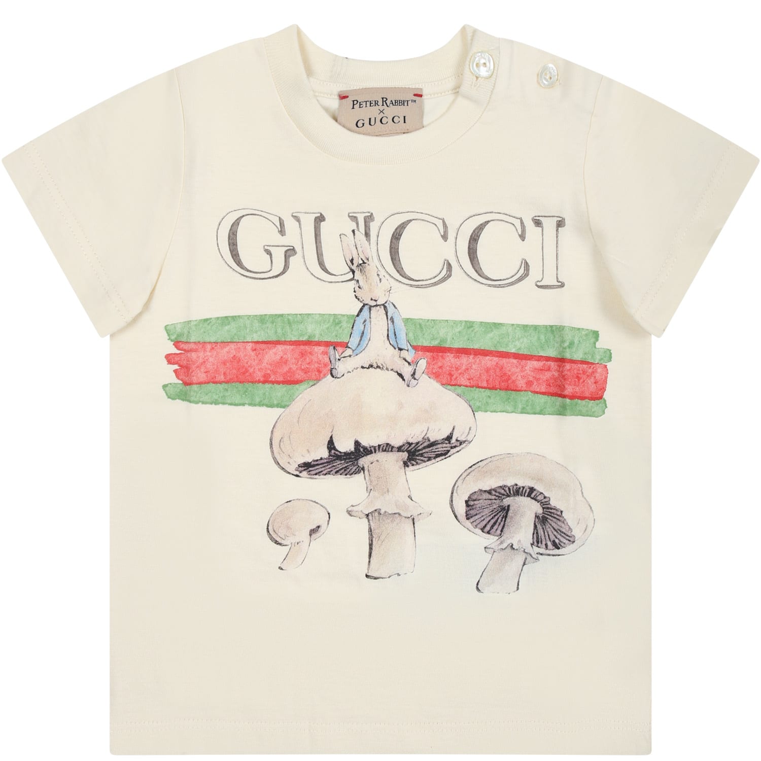 Gucci Ivory Baby T-shirt With Mushrooms And Peter Rabbit