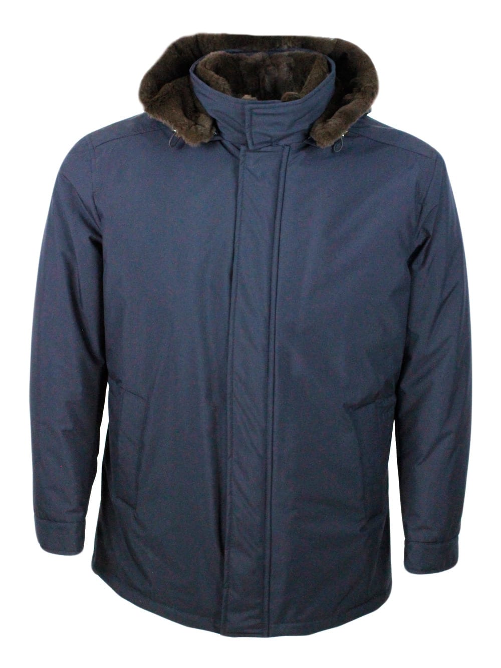 Barba Napoli 3/4 Length Luxury Jacket Padded In Technical Fabric With Precious And Precious Lapin Lining And Deta In Blu