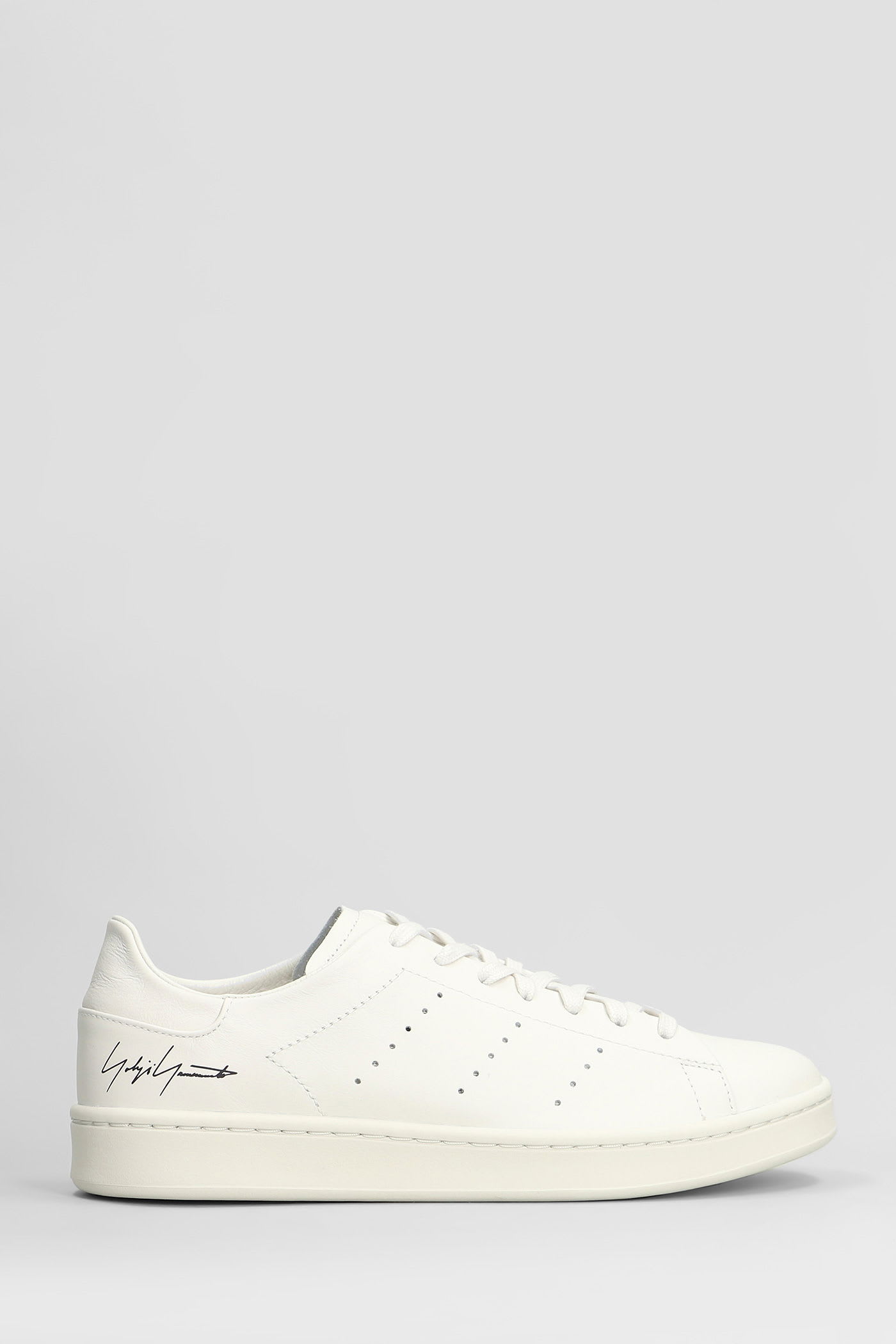 Y-3 White Leather Sneakers With Rounded Toe And Lace-up Closure In White