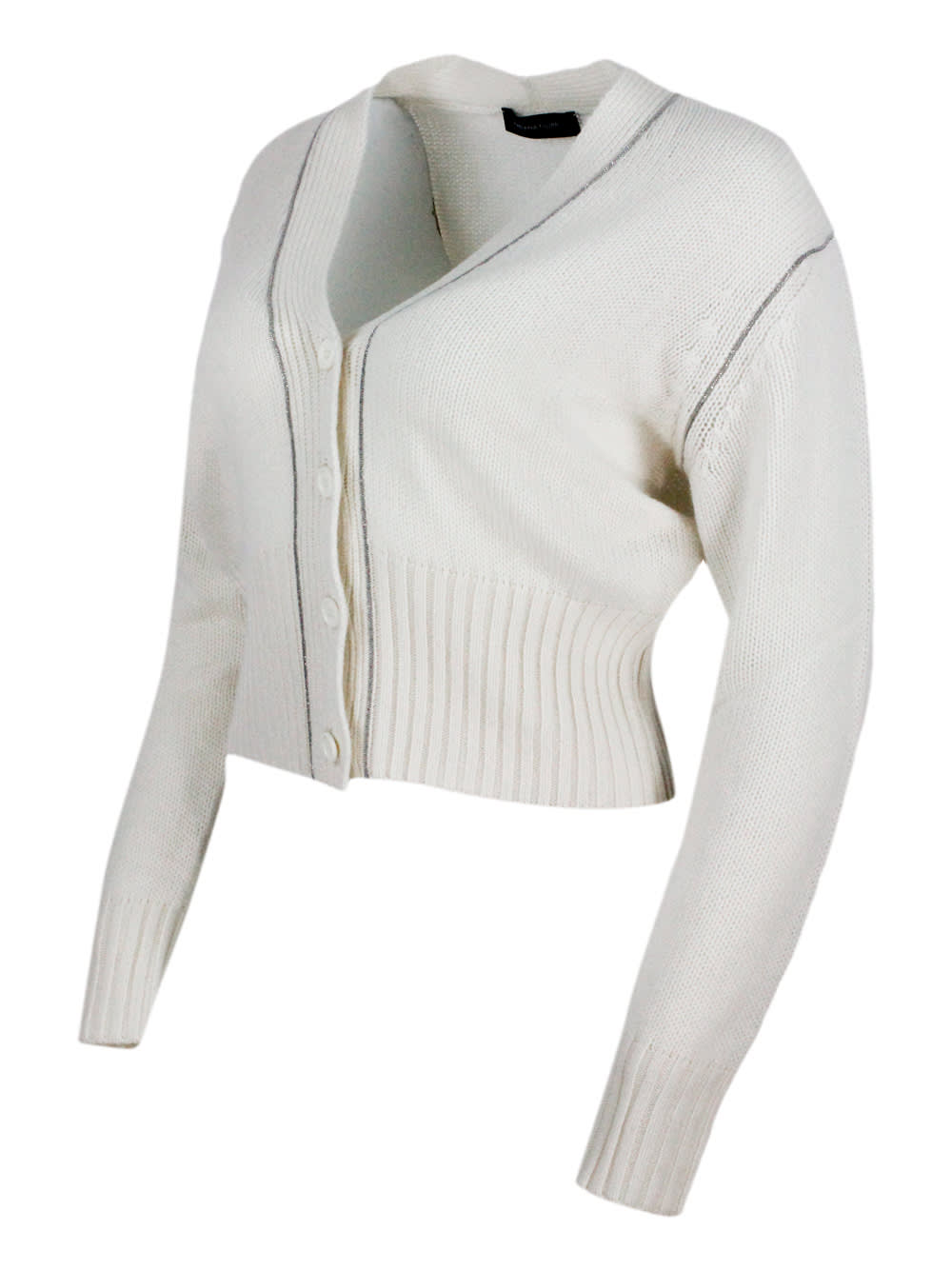 Shop Fabiana Filippi Long-sleeved Cashmere Cardigan Sweater With Button Closure And Embellished With Rows Of Monili On Th In Cream