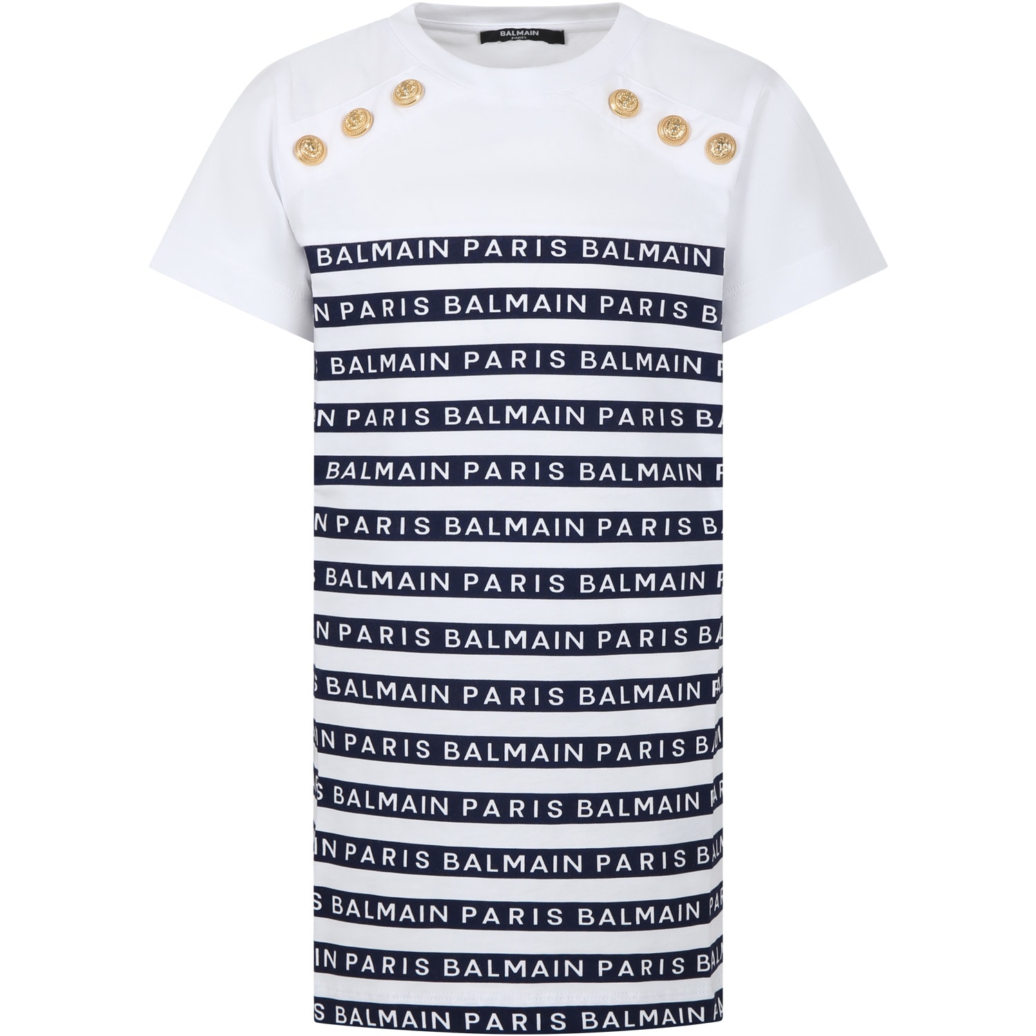Balmain Kids' Dress For Girl With Blue Stripes And Logo In Bianco/blu