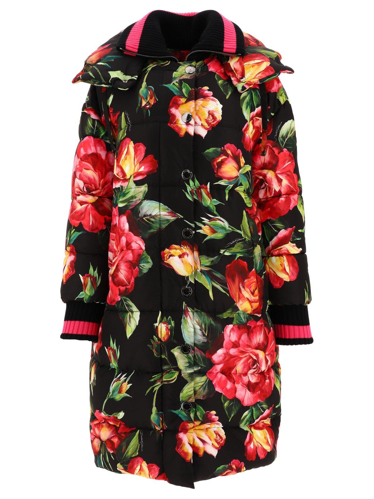 Shop Dolce & Gabbana Floral-printed High-neck Long Coat In Black