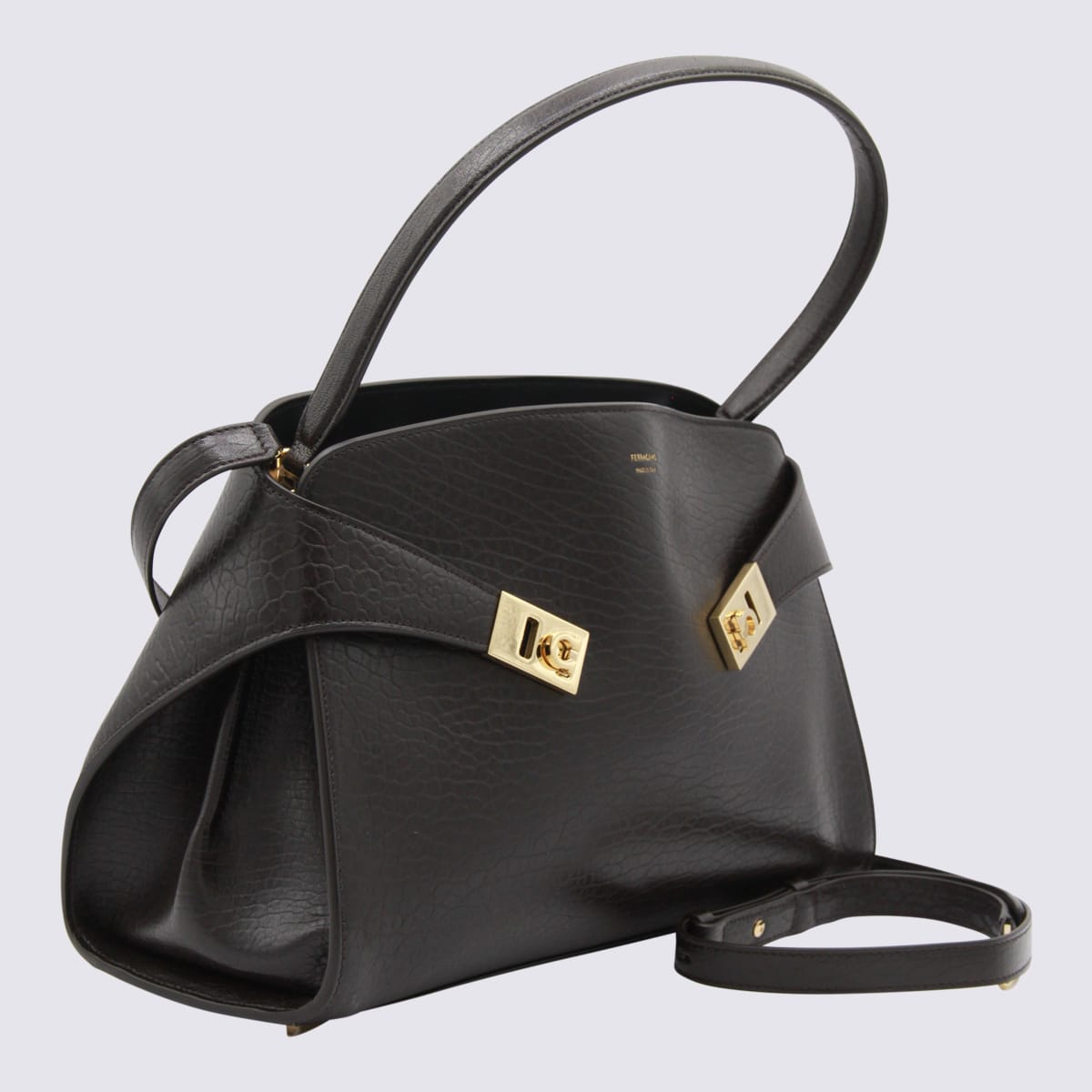 Ferragamo Dark Brown Leather Medium Hug Soft Shoulder Bag In Black