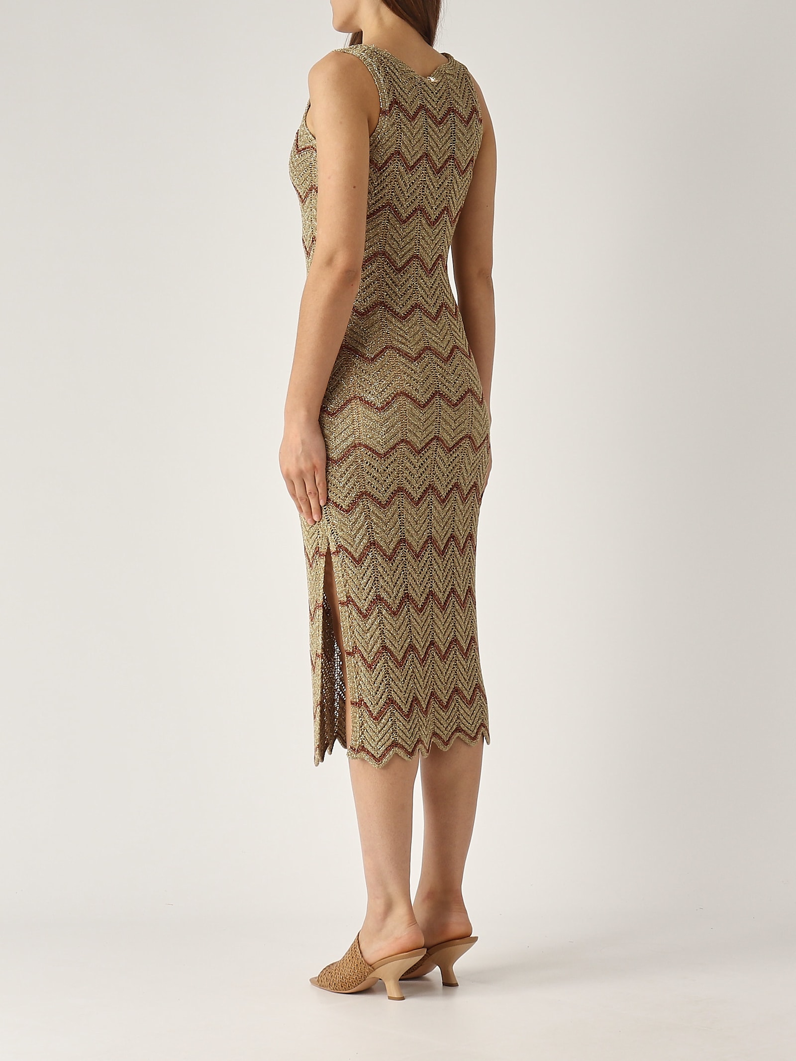 Twinset Midi Dress With Zig Zag Motif With Slit In Ambra