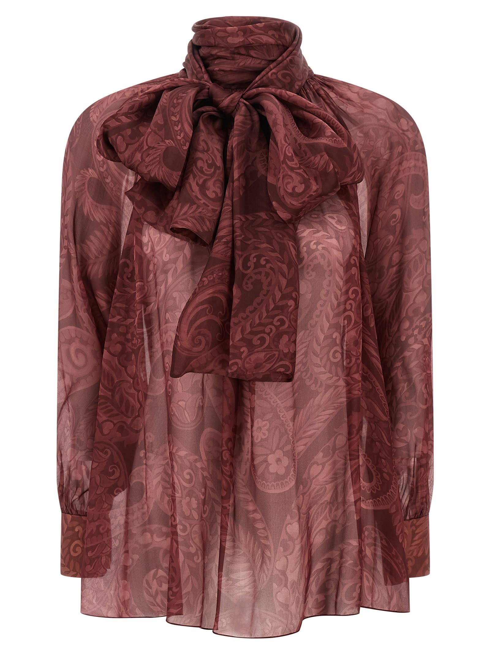 Etro Bow Blouse High Neck Long Sleeves In Brown