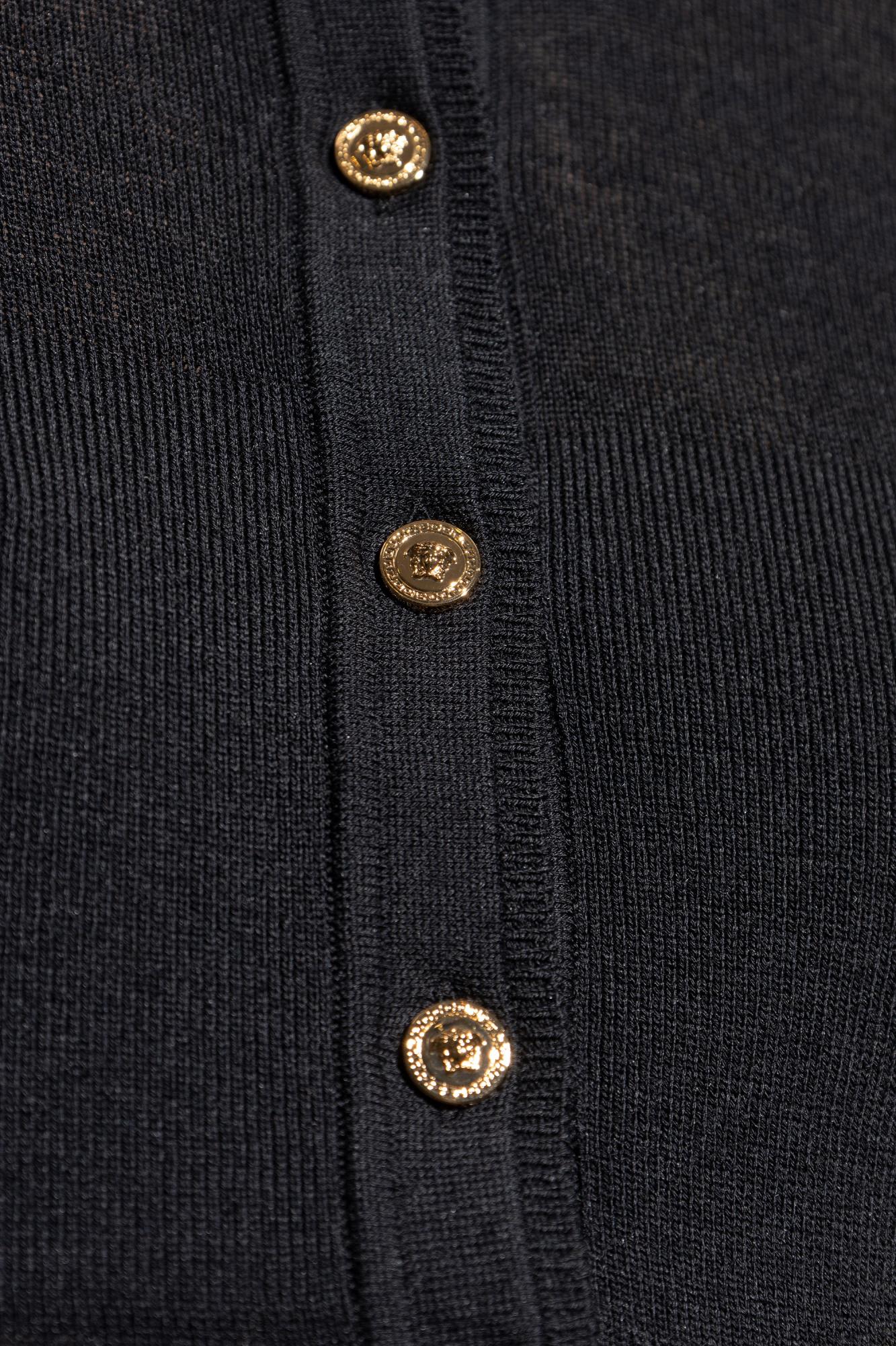 Versace Long Fitted Wool Dress With Gold-tone Button In Blue