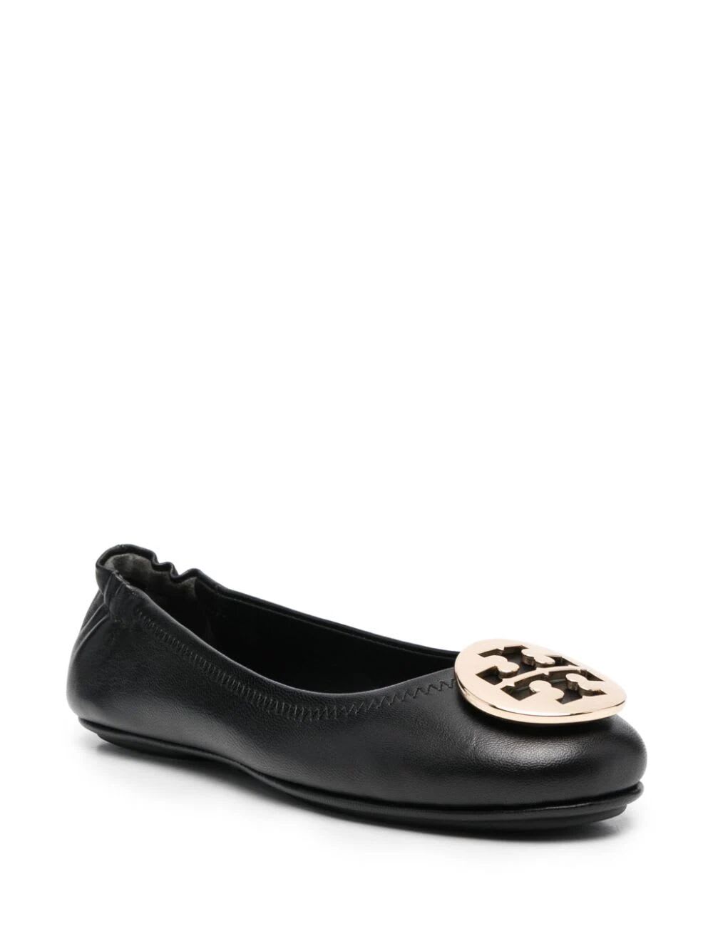 Shop Tory Burch Minnie Travel Ballet With Metal Logo In Perfect Black Gold