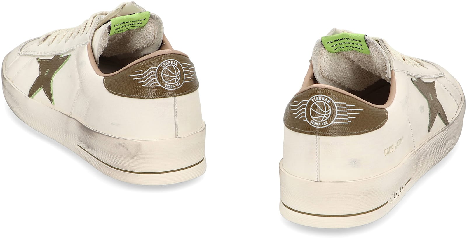 Golden Goose Stardan White Leather Sneakers With Green Star And Heel In White