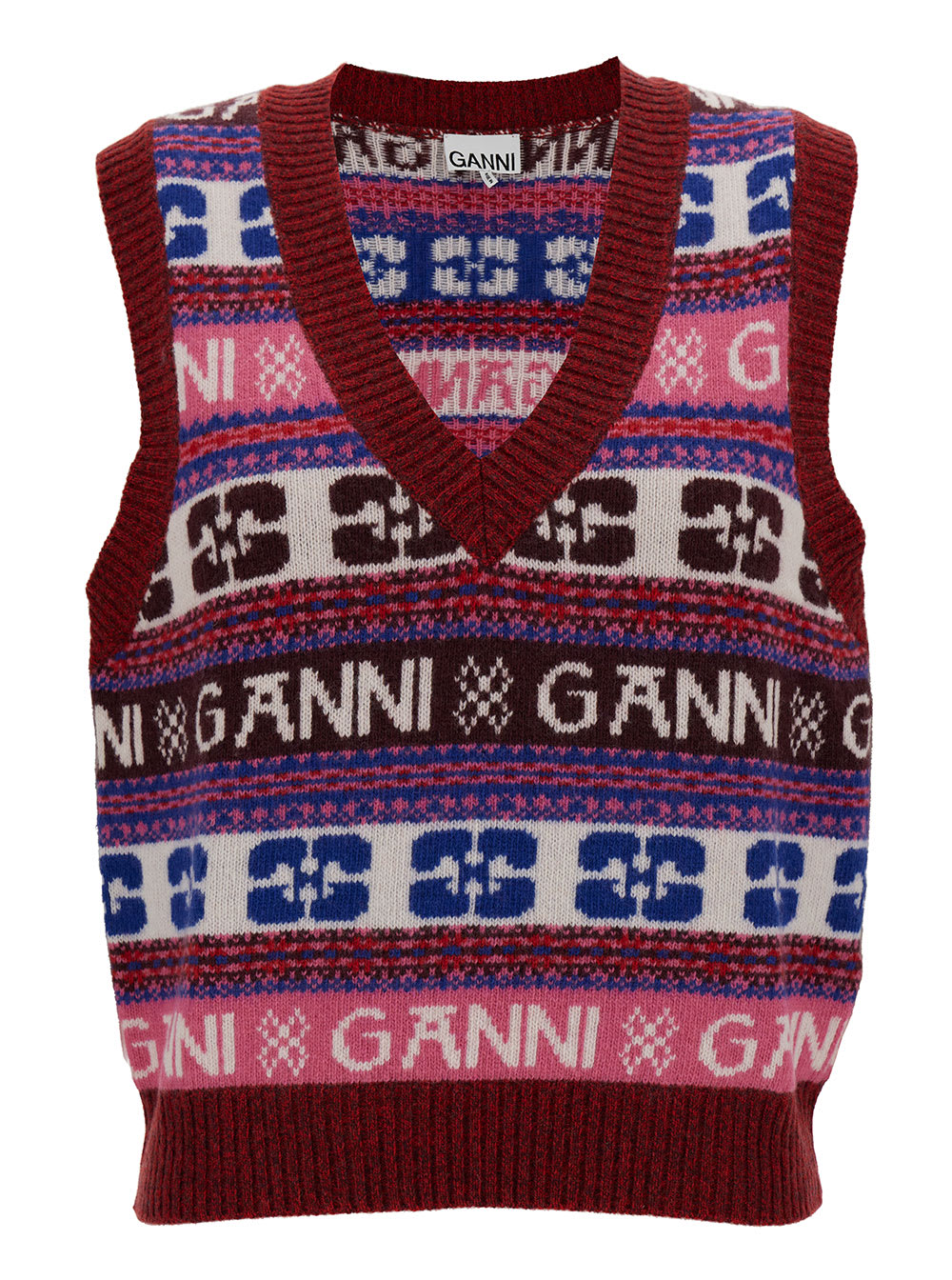 Shop Ganni Multicolor Knit Vest With Logo Motif In Wool Blend Woman