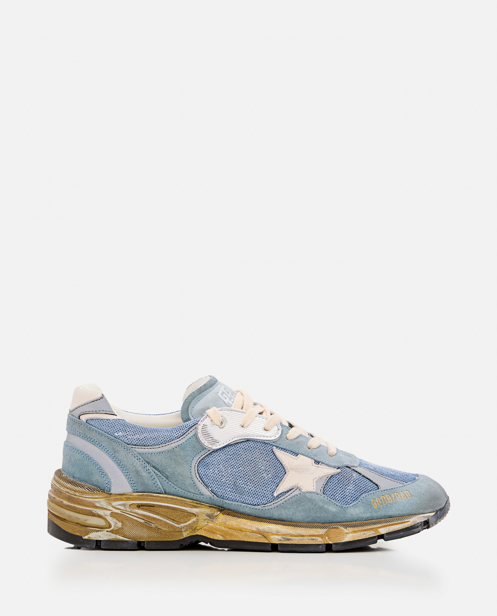 Shop Golden Goose Running Dad Net And Suede Upper Leather Star And Heel Suede Spur In Azzurro