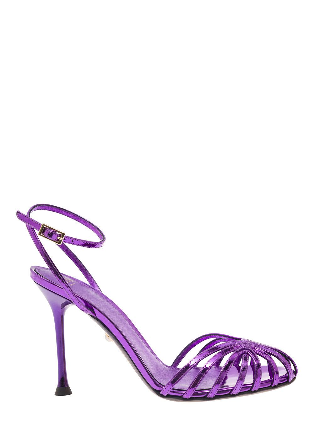 ally Purple Sandals With Stiletto Heel In Metallic Leather Woman