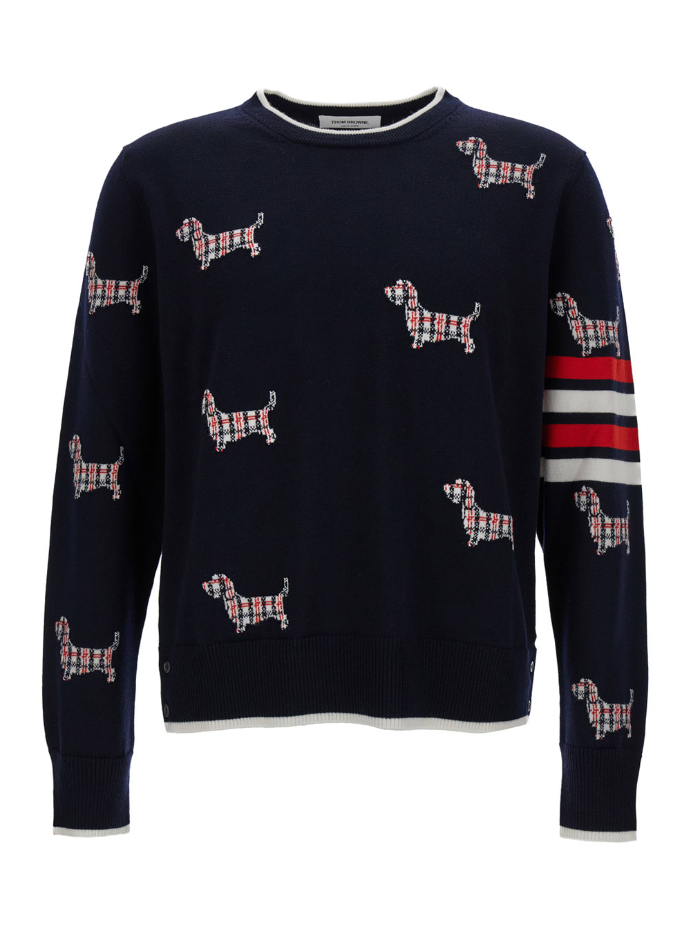 Shop Thom Browne Dark Blue All-over Patterned Crew Neck Sweater In Wool Blend Man