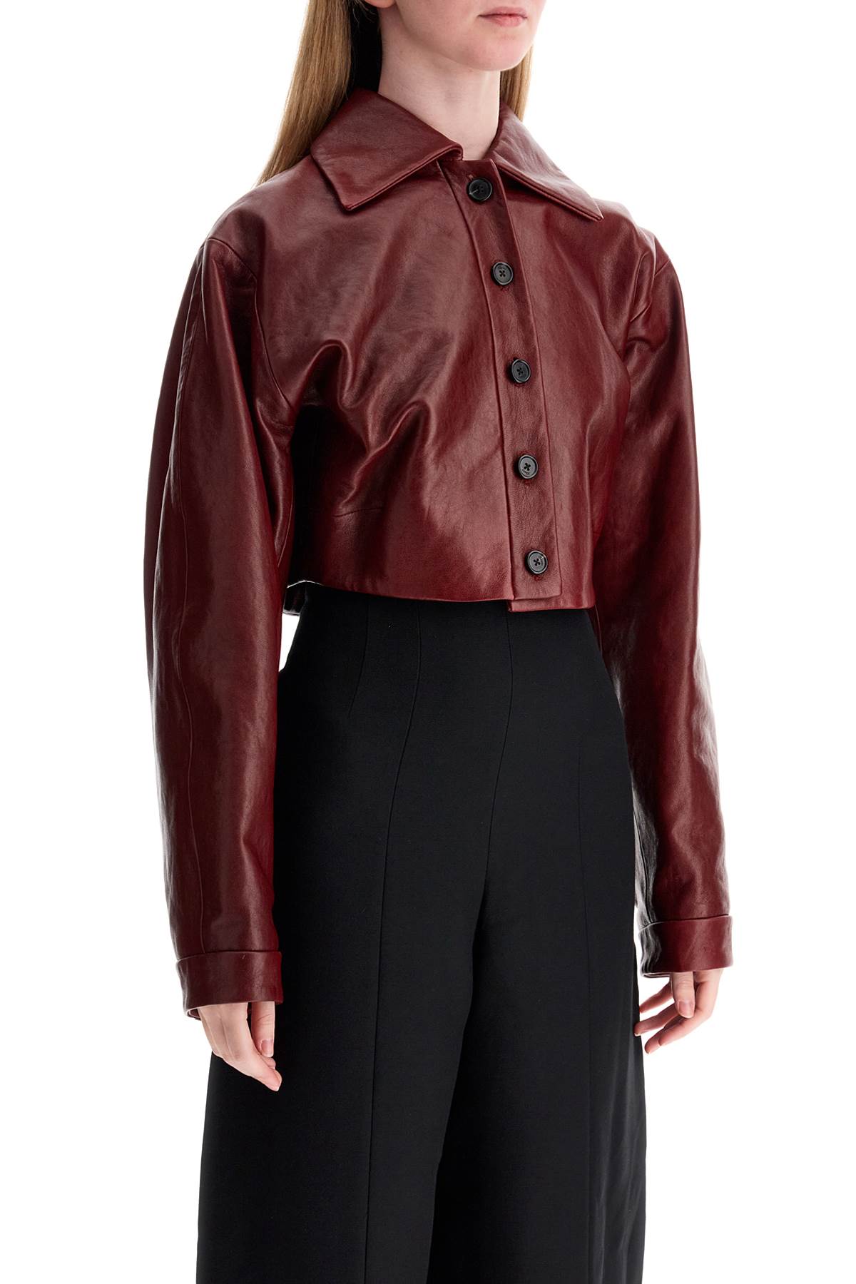 Shop Khaite Cropped Leather Jacket Sue In Oxblood (red)