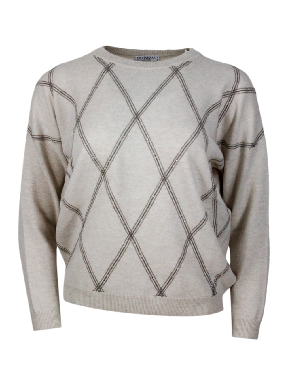 Shop Brunello Cucinelli Long-sleeved Crewneck Sweater In Fine Wool, Cashmere And Silk With Diamond Pattern Exclusive Details In Beige
