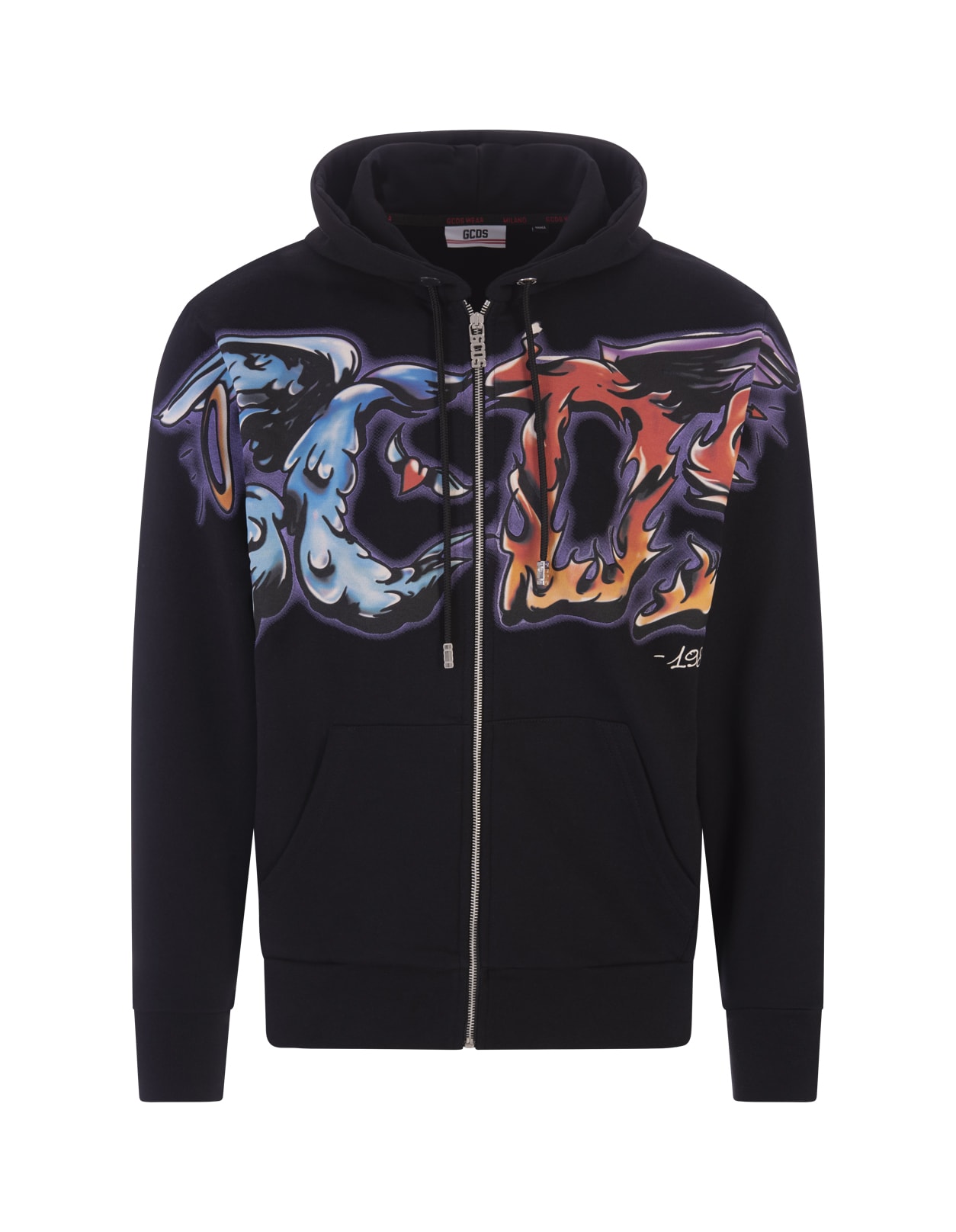 Man Black Zipped Hoodie With Multicolored Gcds Maxi Graphic Print