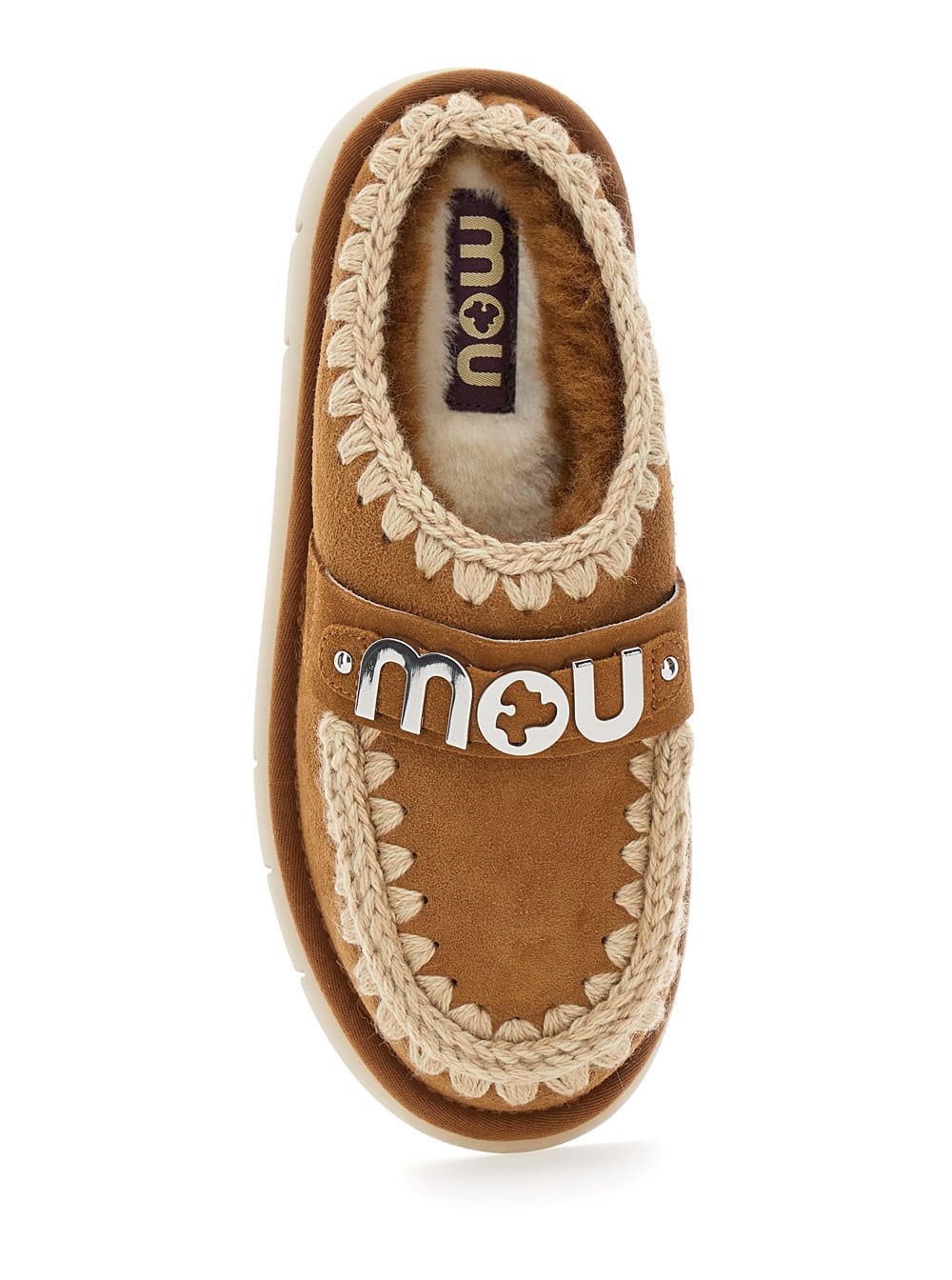Mou Bounce Beige Mules With Logo Lettering And Open Rear In Leather Woman In Brown
