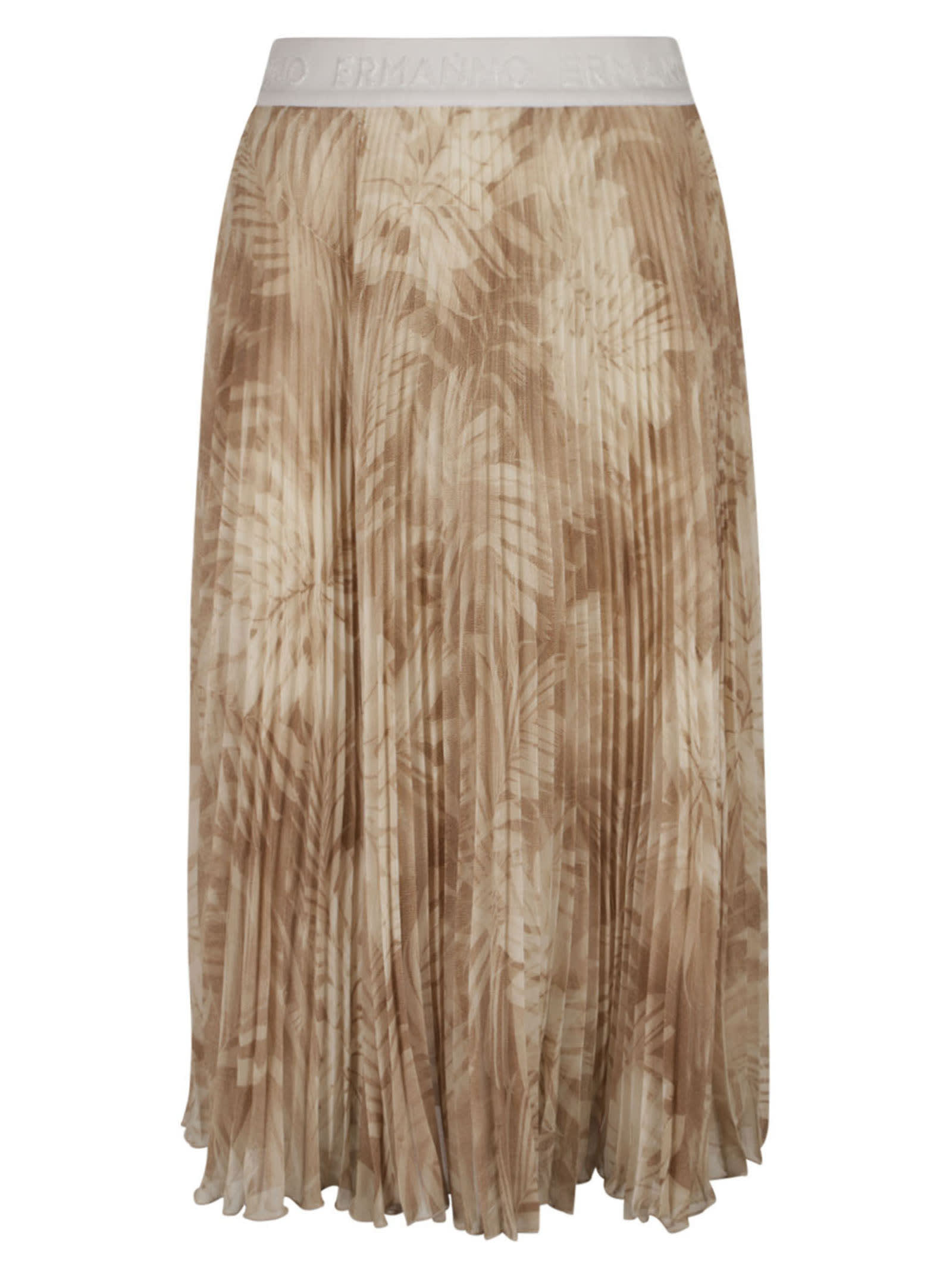 Shop Ermanno Firenze Logo Waist Palm Print Pleated Skirt In Ecru