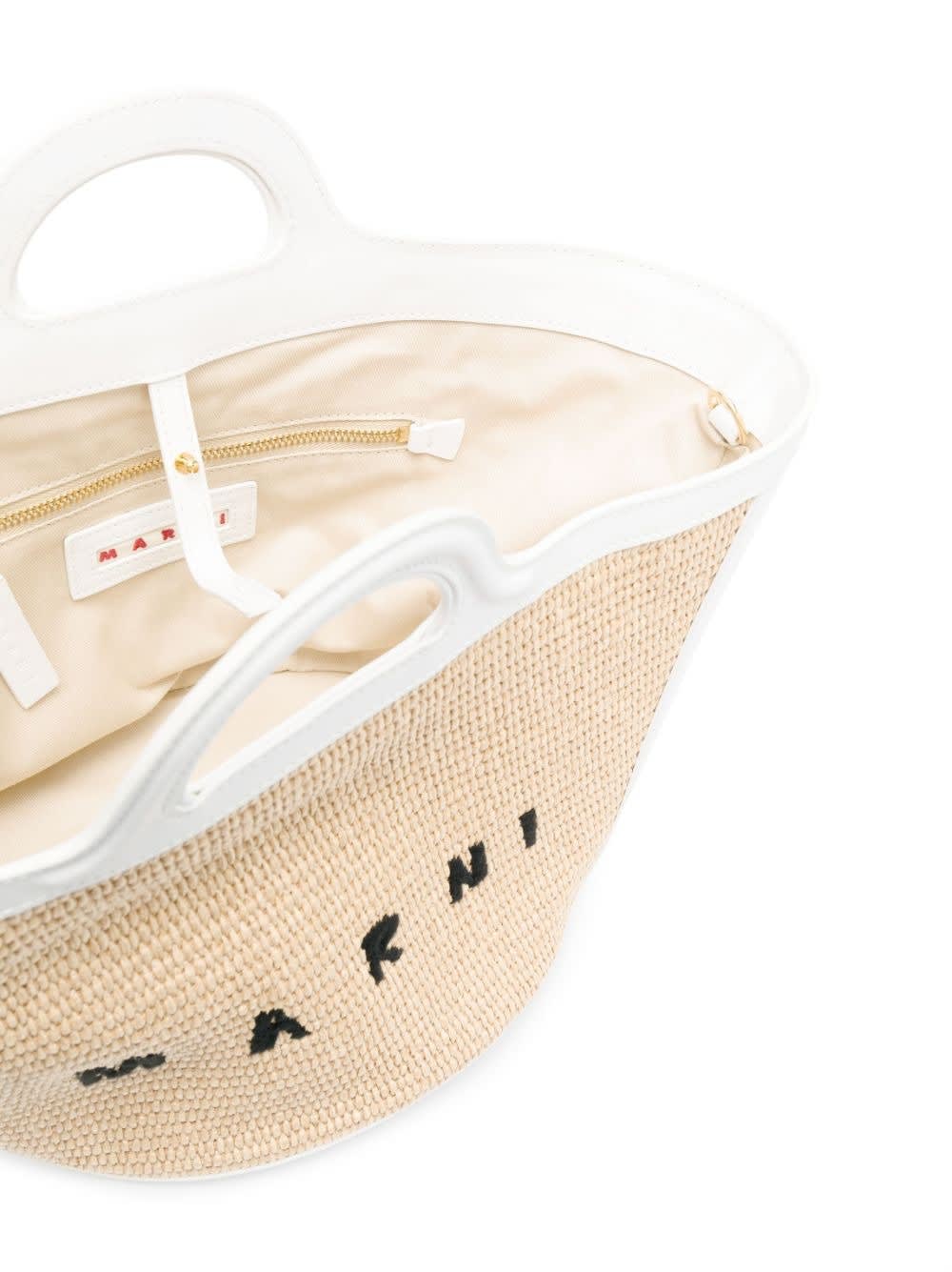 MARNI SMALL TROPICALIA SUMMER BAG IN WHITE LEATHER AND NATURAL RAFFIA 