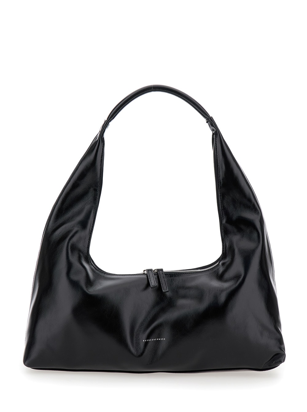 Black Big Hobo Bag With Logo Lettering In Smooth Leather Woman