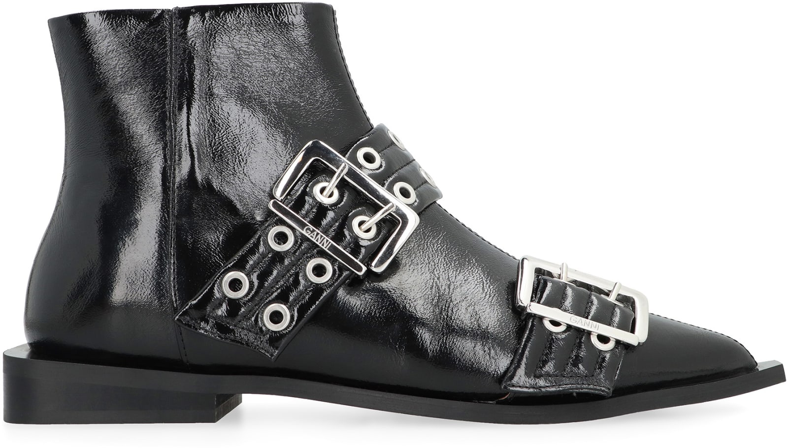 Ganni Black Wide Belt Buckle Ankle Boots In Black
