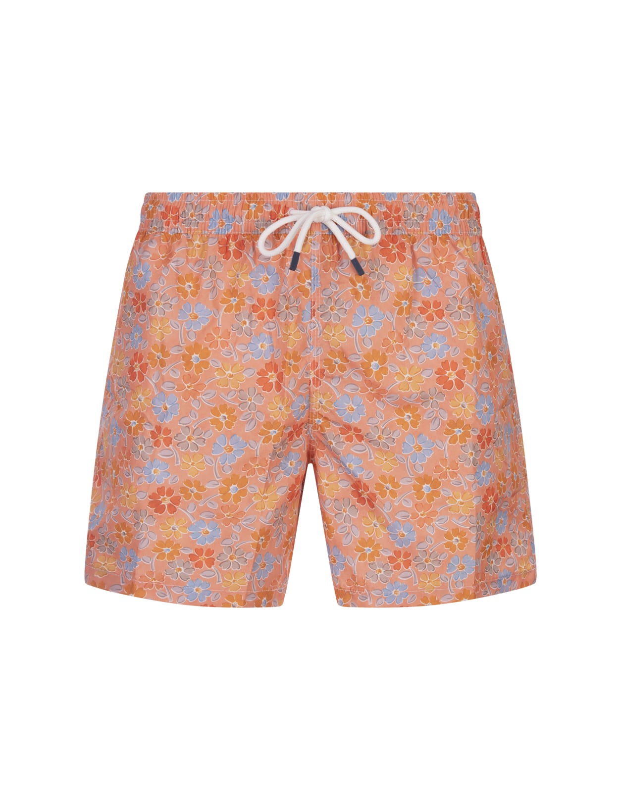 Orange Swim Shorts With Multicoloured Flower Pattern