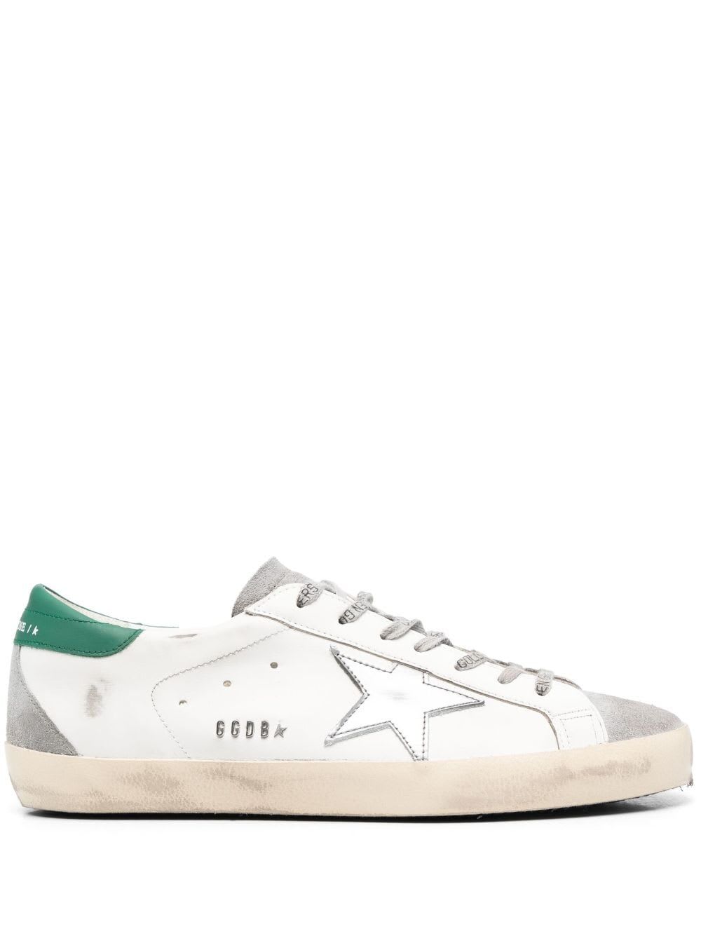 Shop Golden Goose Super-star Leather Upper And Heel Suede Toe And Spur Laminated Star Metal Lettering In White Grey Silver Green