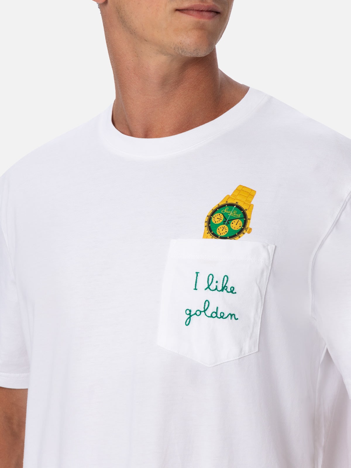 MC2 SAINT BARTH MAN COTTON T-SHIRT AUSTIN WITH WATCH PRINT AND EMBROIDERY